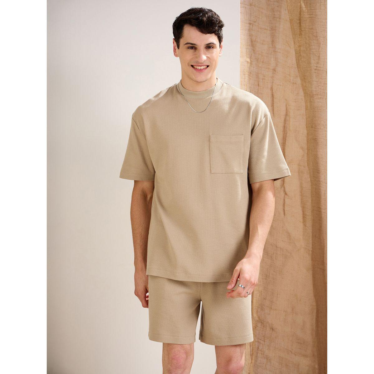 Mascln Sassafras Men Khaki Waffle Textured Pocket Detail Oversized T-Shirt and Shorts Co-Ords-men-clothing-coordsets-image-8