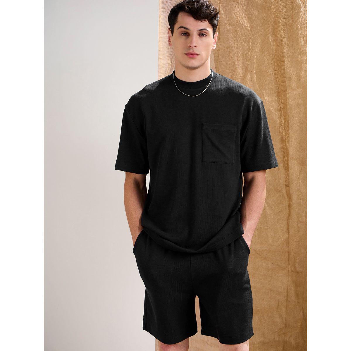 طقم منسق من شورت وتيشيرت فضفاض محبوك بنمط وافل-men-clothing-coordsets-image-1