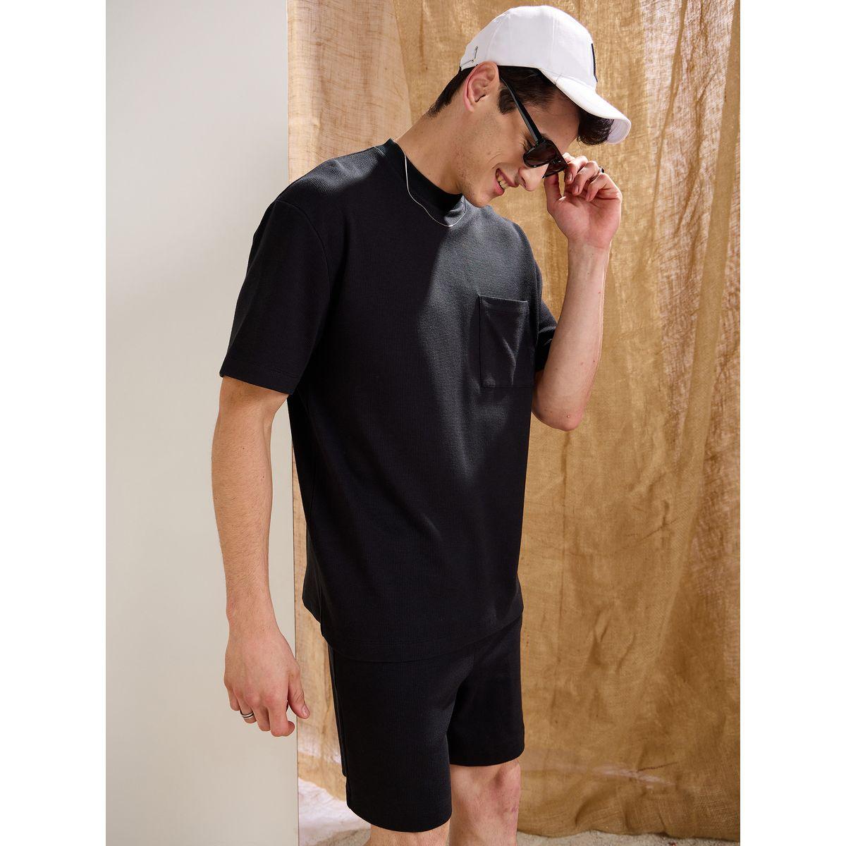 طقم منسق من شورت وتيشيرت فضفاض محبوك بنمط وافل-men-clothing-coordsets-image-3