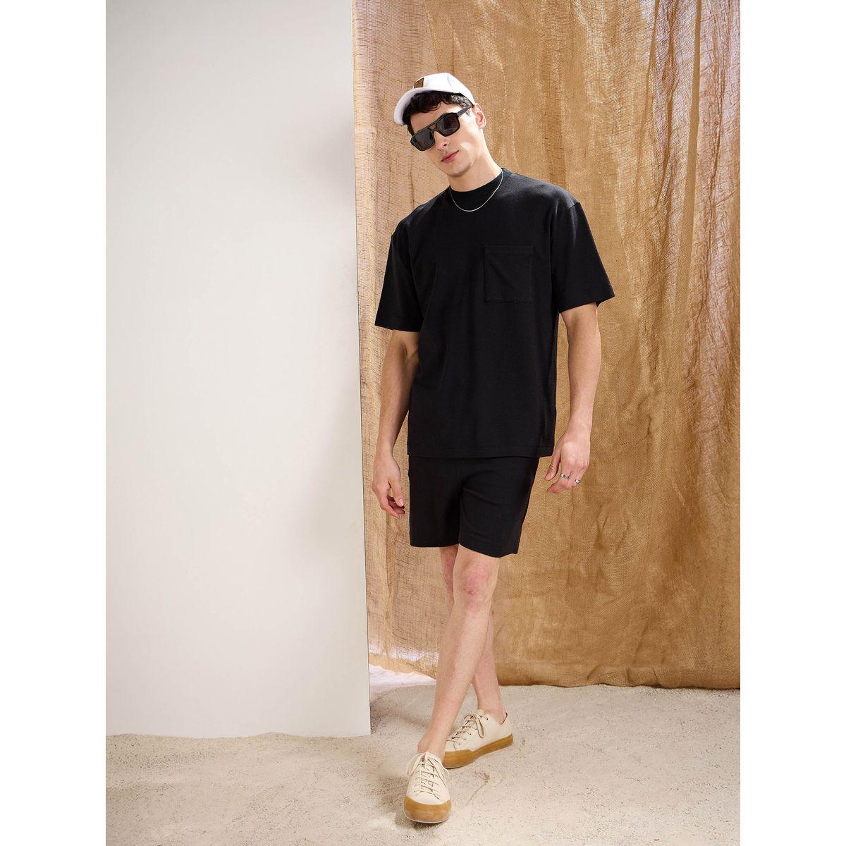 طقم منسق من شورت وتيشيرت فضفاض محبوك بنمط وافل-men-clothing-coordsets-image-5