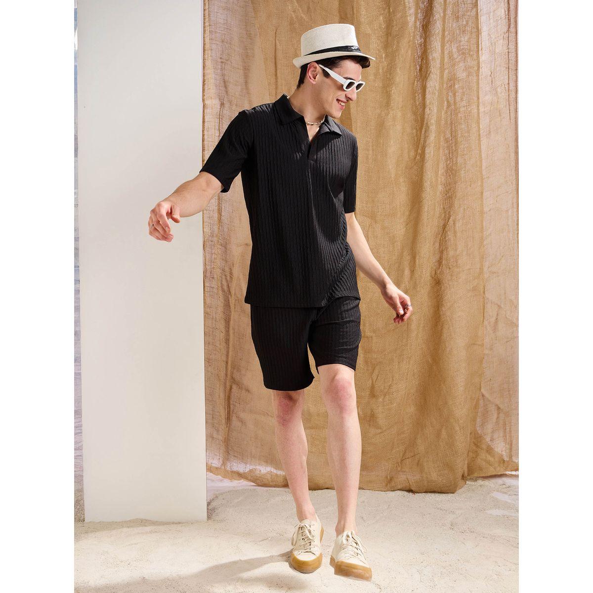 Mascln Sassafras Men Black Textured Relaxed Fit Polo T-Shirt and Shorts Co-Ords-men-clothing-coordsets-image-2