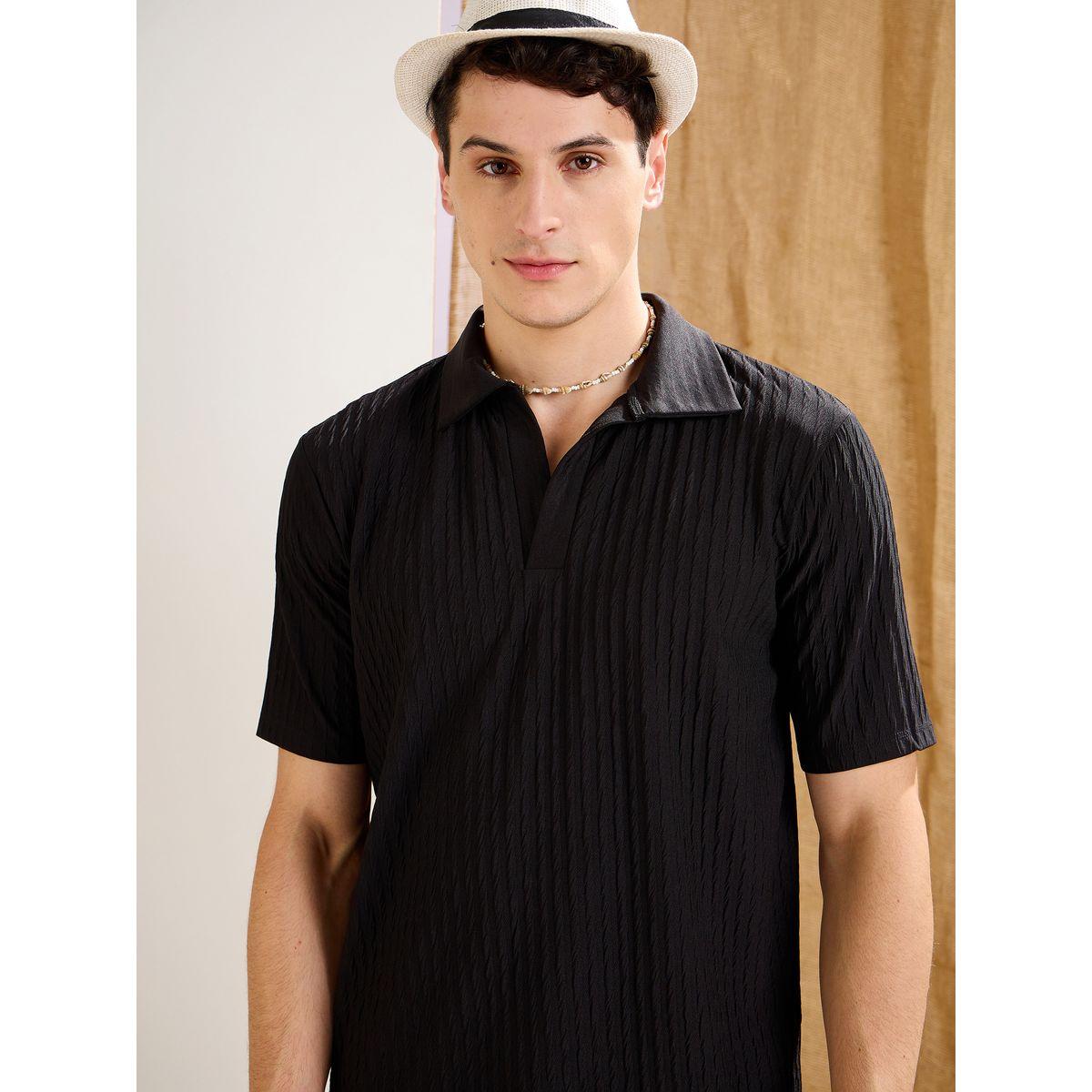 Mascln Sassafras Men Black Textured Relaxed Fit Polo T-Shirt and Shorts Co-Ords-men-clothing-coordsets-image-4