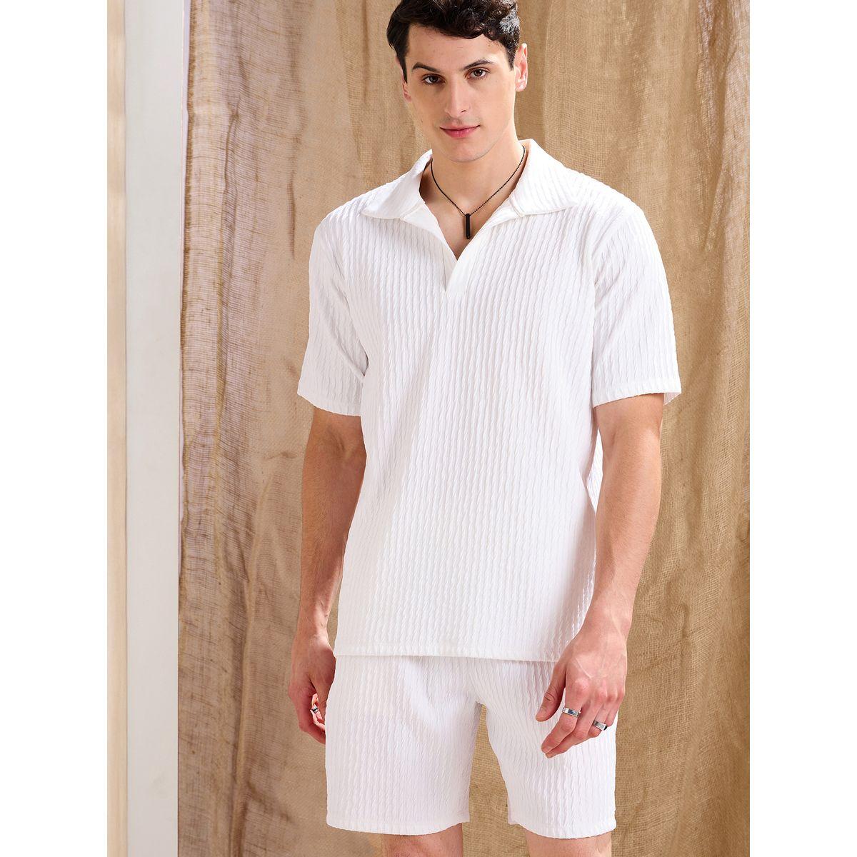 Mascln Sassafras Men White Textured Relaxed Fit Polo T-Shirt and Shorts Co-Ords-men-clothing-coordsets-image-1