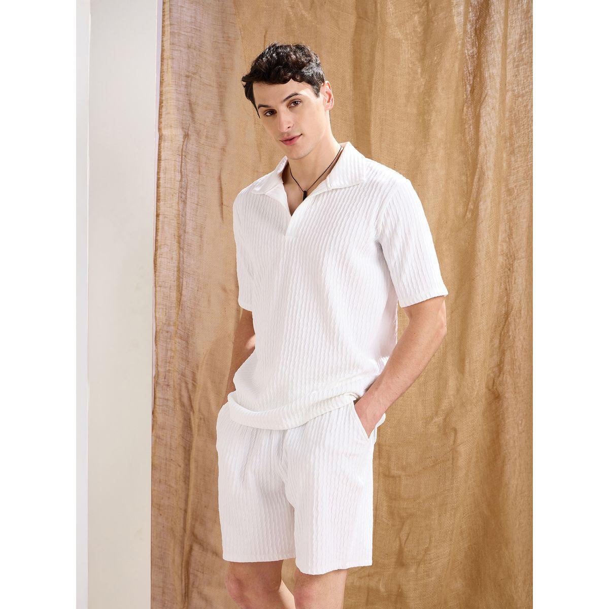 Mascln Sassafras Men White Textured Relaxed Fit Polo T-Shirt and Shorts Co-Ords-men-clothing-coordsets-image-3