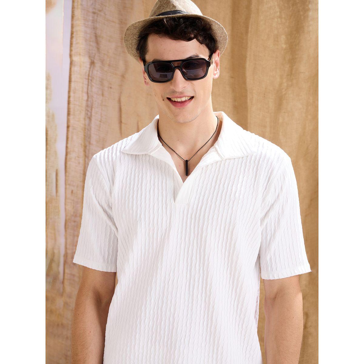 Mascln Sassafras Men White Textured Relaxed Fit Polo T-Shirt and Shorts Co-Ords-men-clothing-coordsets-image-4