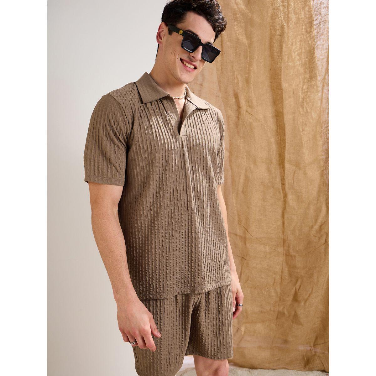 Mascln Sassafras Men Beige Textured Relaxed Fit Polo T-Shirt and Shorts Co-Ords-men-clothing-coordsets-image-2