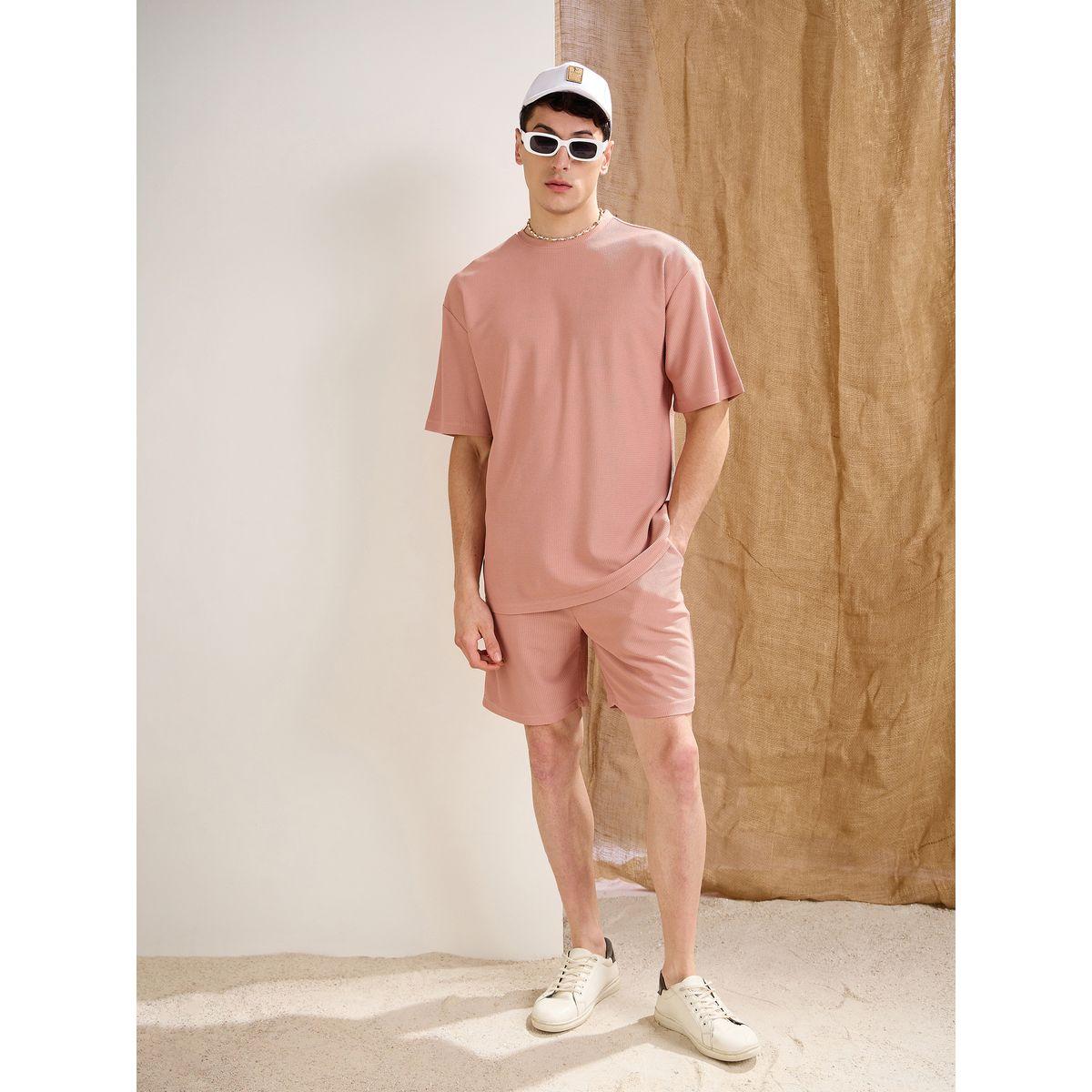 Mascln Sassafras Men Pink Waffle Textured Oversized T-Shirt and Shorts Co-Ords-men-clothing-coordsets-image-2