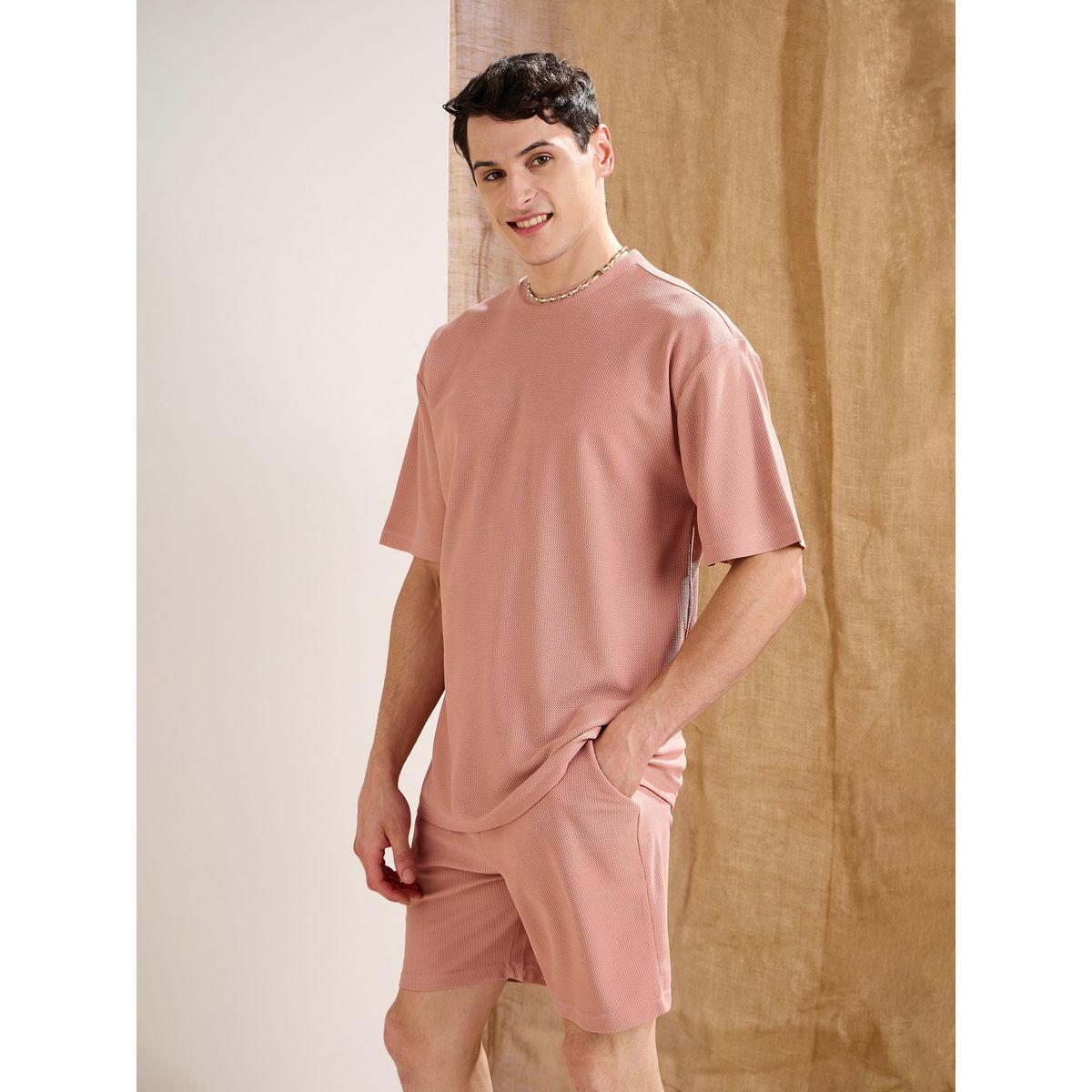 Mascln Sassafras Men Pink Waffle Textured Oversized T-Shirt and Shorts Co-Ords-men-clothing-coordsets-image-3