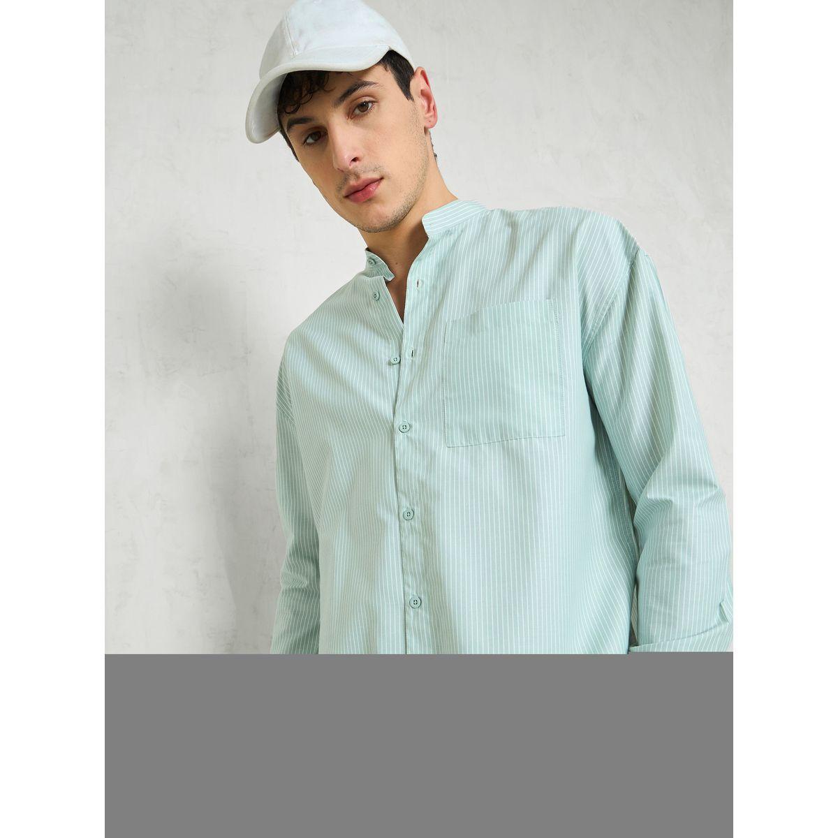 Mascln Sassafras Men Green Striped Mandarin Collar Relaxed Fit Shirt-men-clothing-shirts-image-1