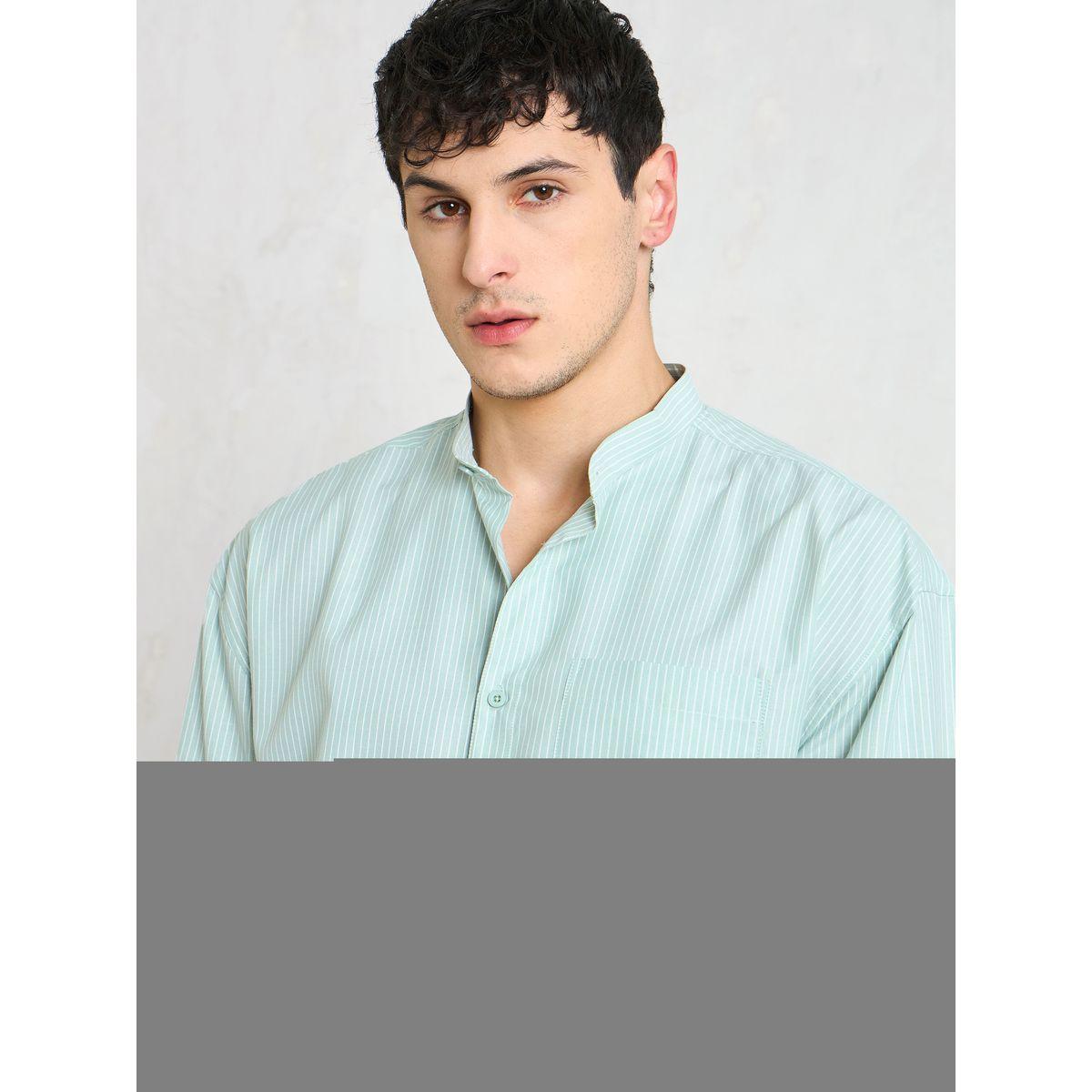 Mascln Sassafras Men Green Striped Mandarin Collar Relaxed Fit Shirt-men-clothing-shirts-image-2