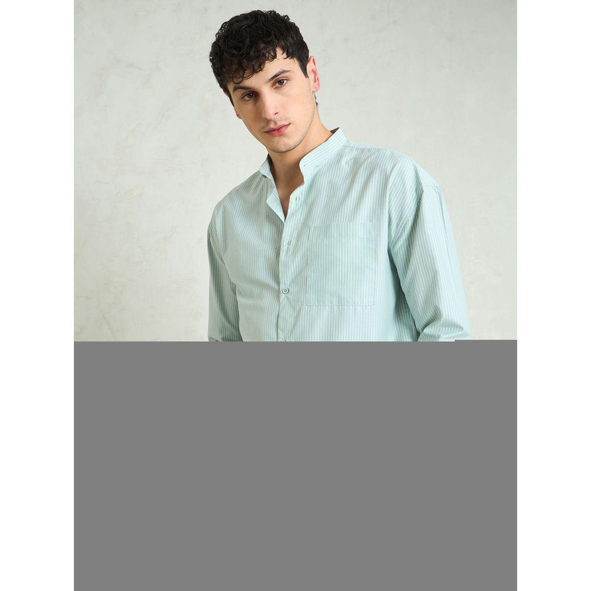 Mascln Sassafras Men Green Striped Mandarin Collar Relaxed Fit Shirt-men-clothing-shirts-image-3