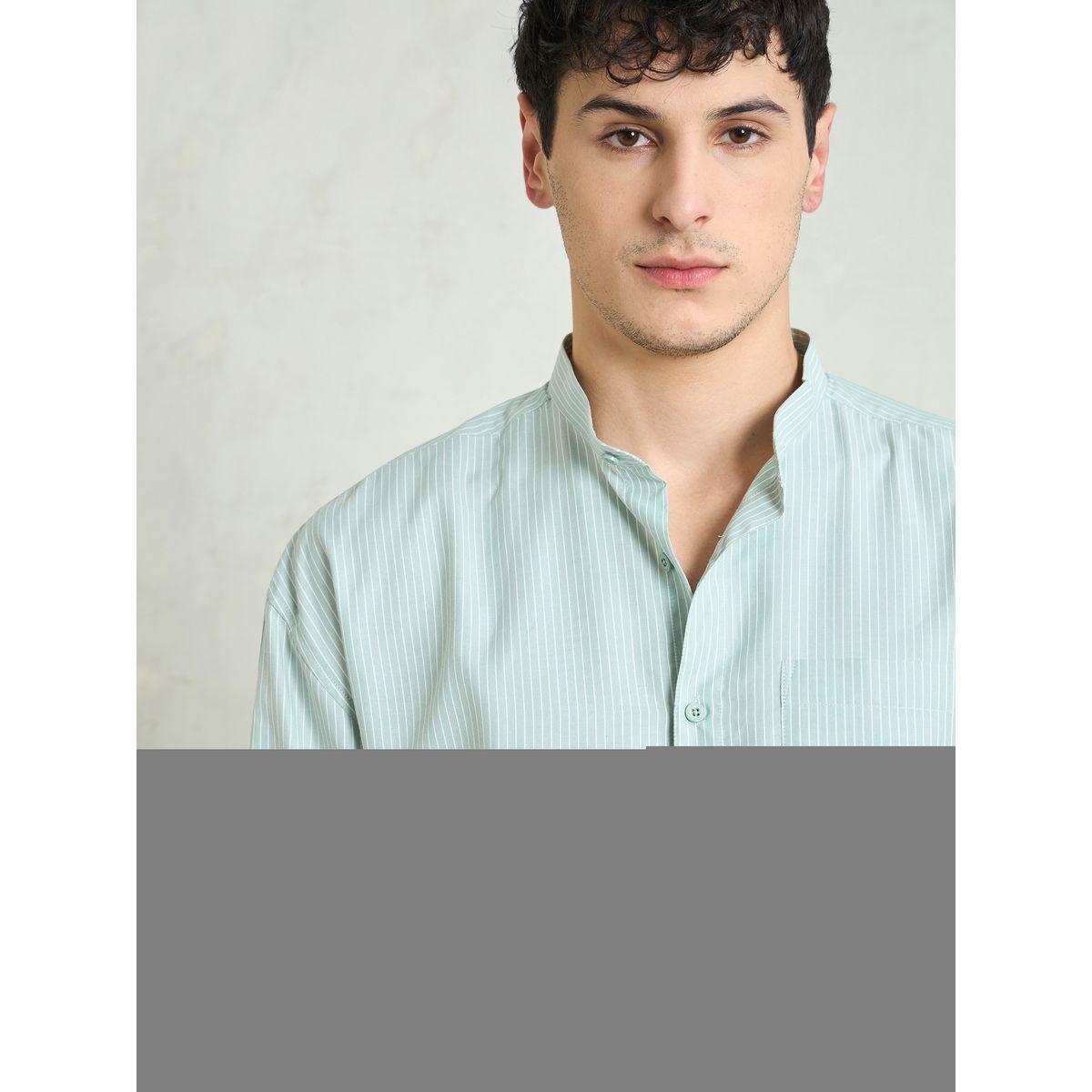 Mascln Sassafras Men Green Striped Mandarin Collar Relaxed Fit Shirt-men-clothing-shirts-image-4