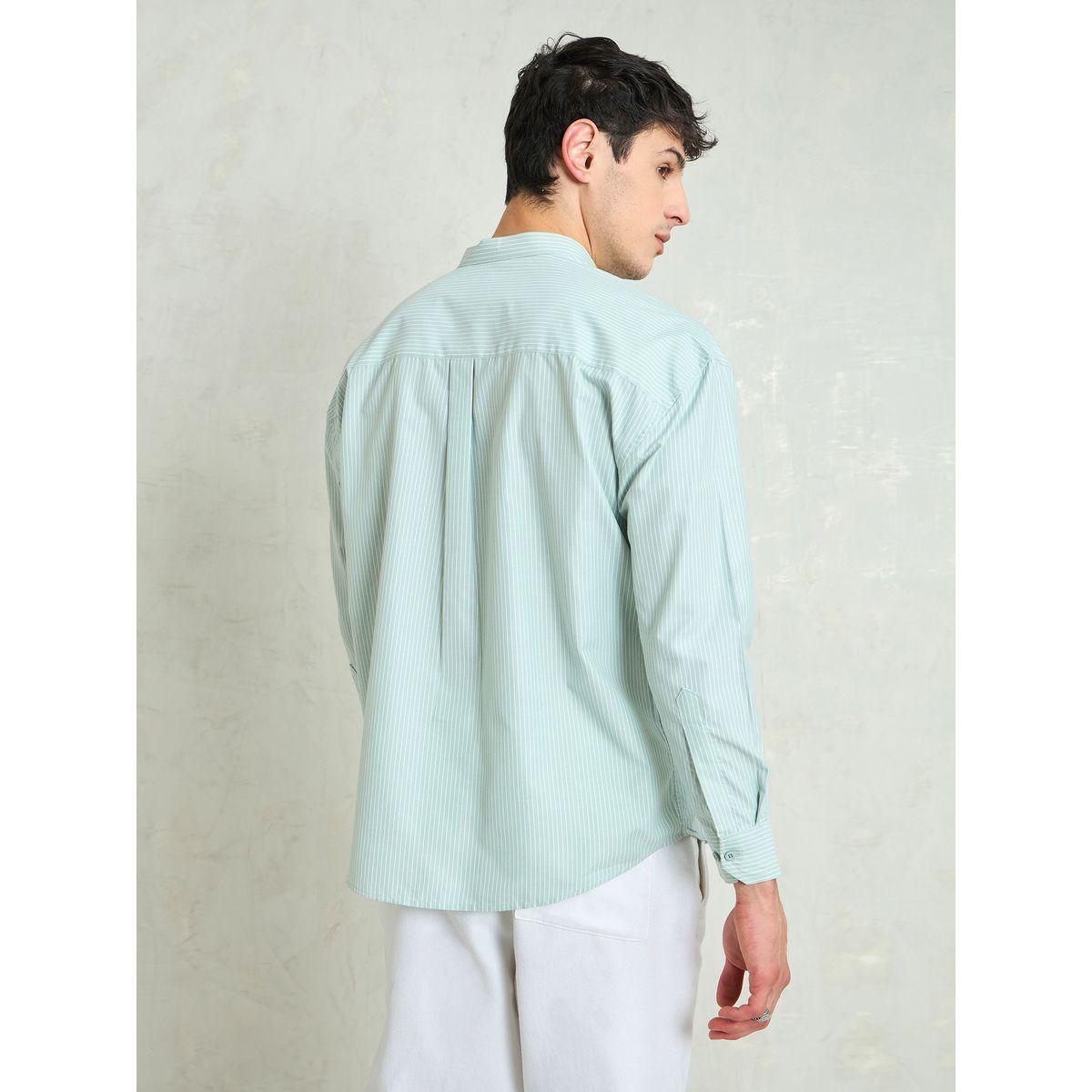 Mascln Sassafras Men Green Striped Mandarin Collar Relaxed Fit Shirt-men-clothing-shirts-image-5