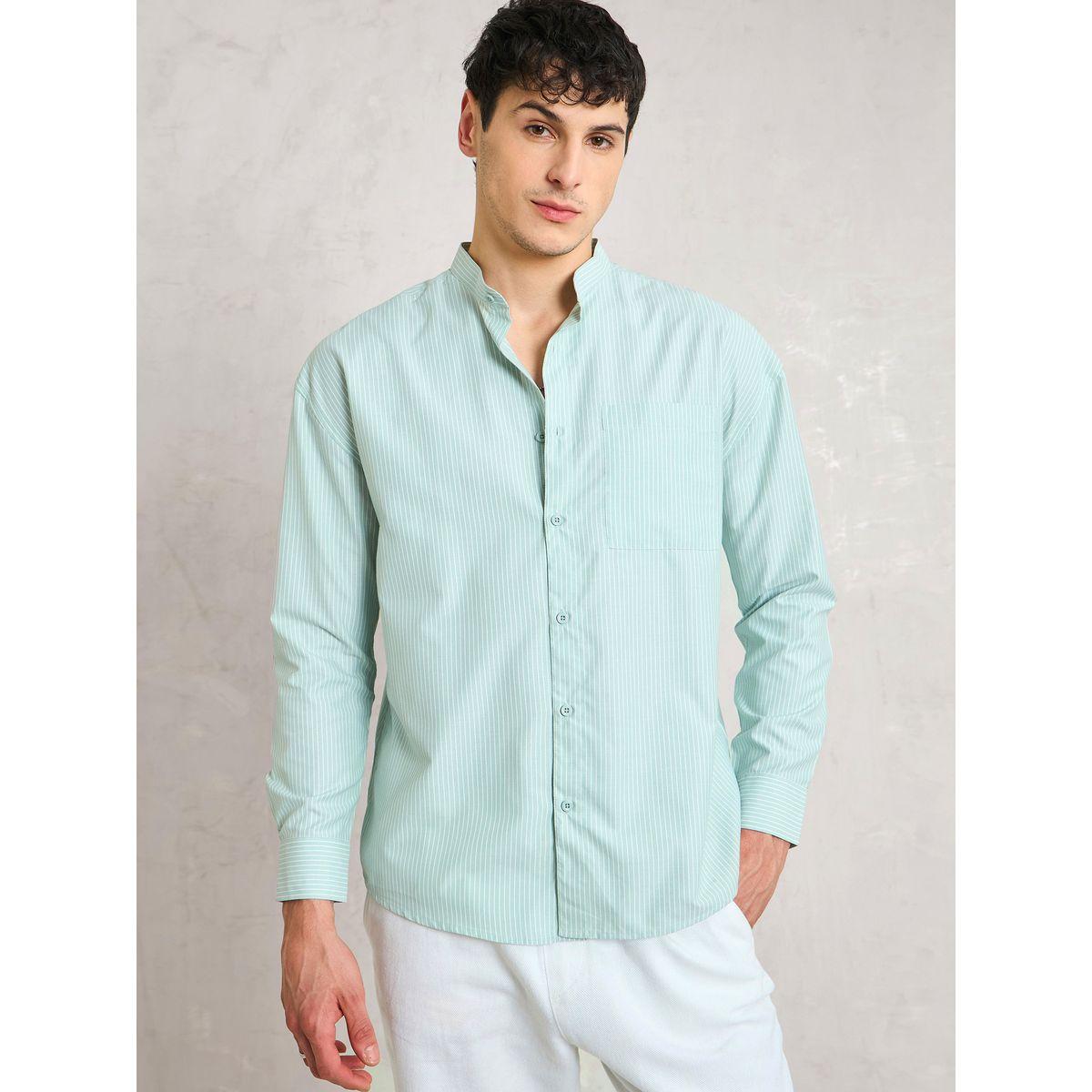 Mascln Sassafras Men Green Striped Mandarin Collar Relaxed Fit Shirt-men-clothing-shirts-image-6