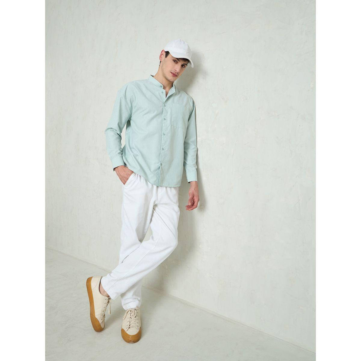 Mascln Sassafras Men Green Striped Mandarin Collar Relaxed Fit Shirt-men-clothing-shirts-image-7