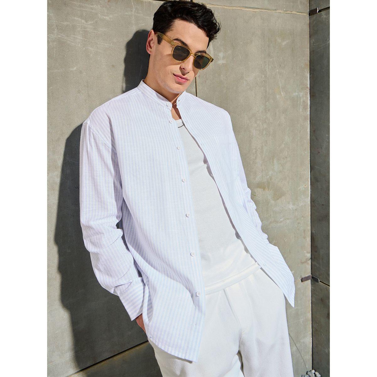 Mascln Sassafras Men White Striped Mandarin Collar Relaxed Fit Shirt-men-clothing-shirts-image-1