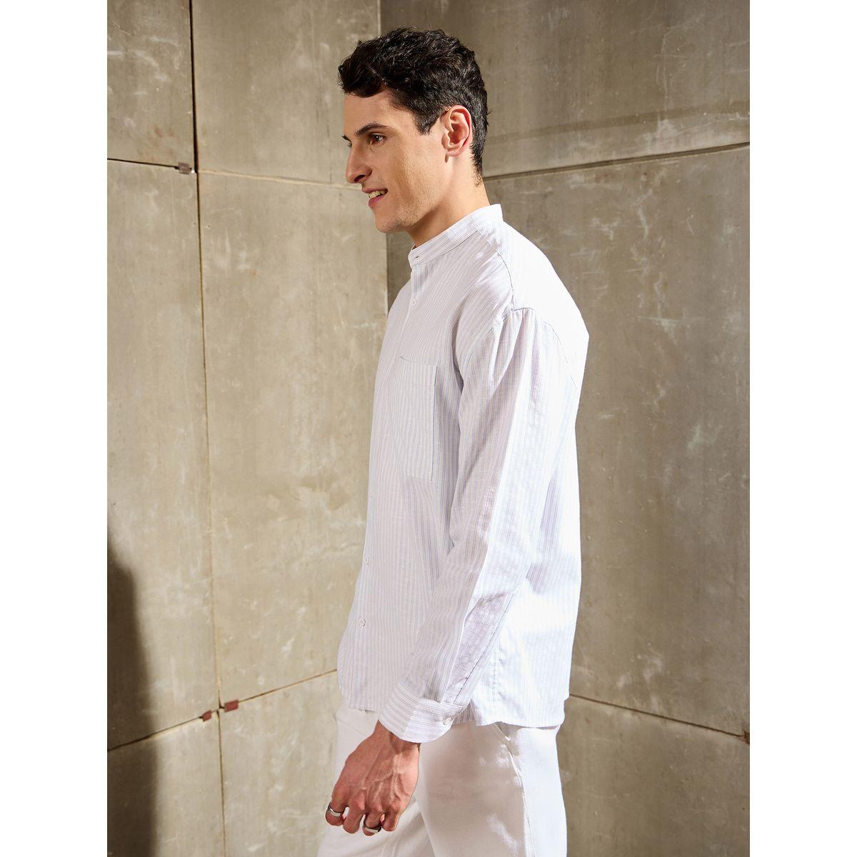Mascln Sassafras Men White Striped Mandarin Collar Relaxed Fit Shirt-men-clothing-shirts-image-3