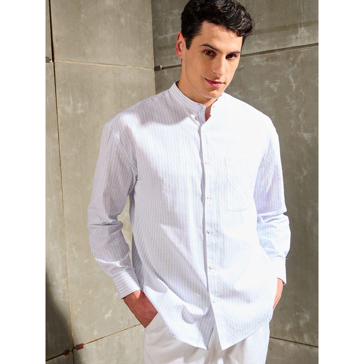 Mascln Sassafras Men White Striped Mandarin Collar Relaxed Fit Shirt-men-clothing-shirts-image-6