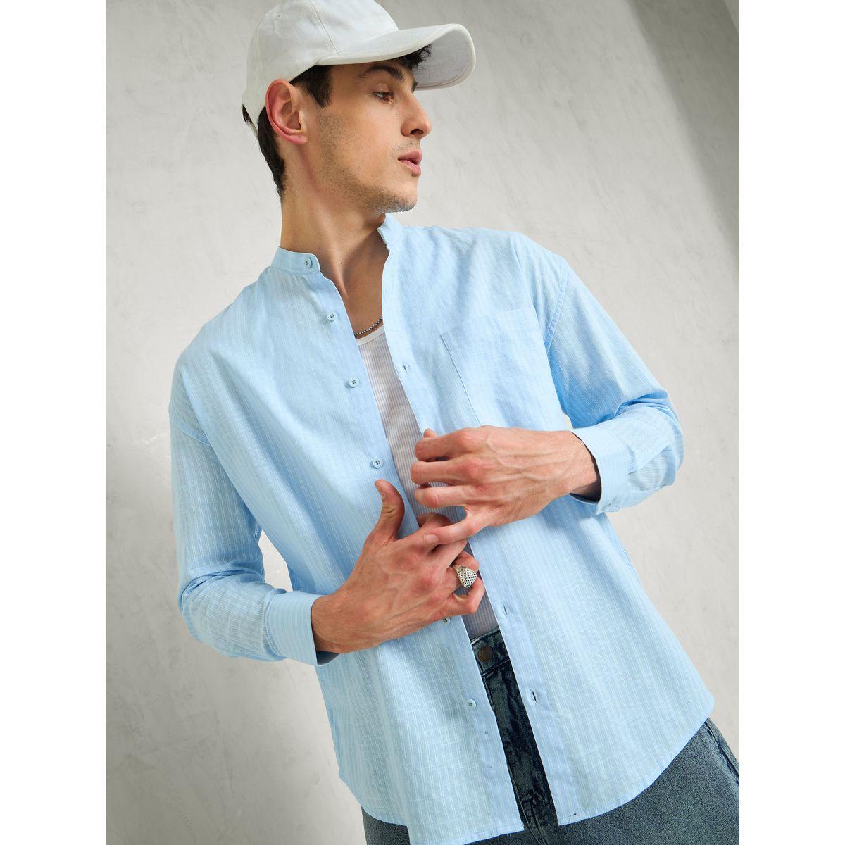 Mascln Sassafras Men Blue Striped Mandarin Collar Relaxed Fit Shirt-men-clothing-shirts-image-1