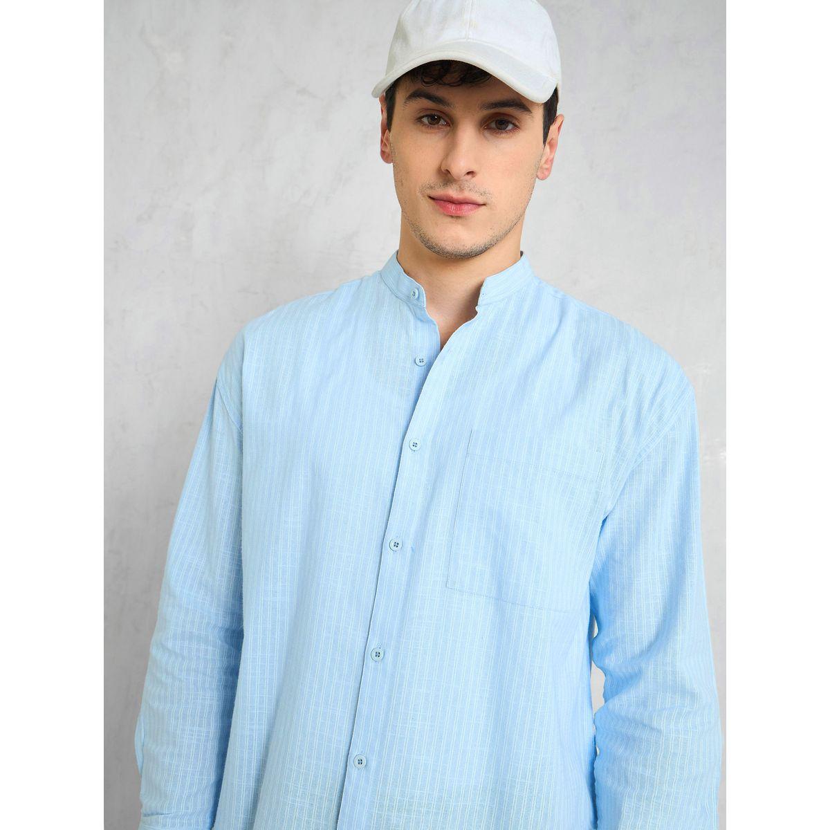 Mascln Sassafras Men Blue Striped Mandarin Collar Relaxed Fit Shirt-men-clothing-shirts-image-2