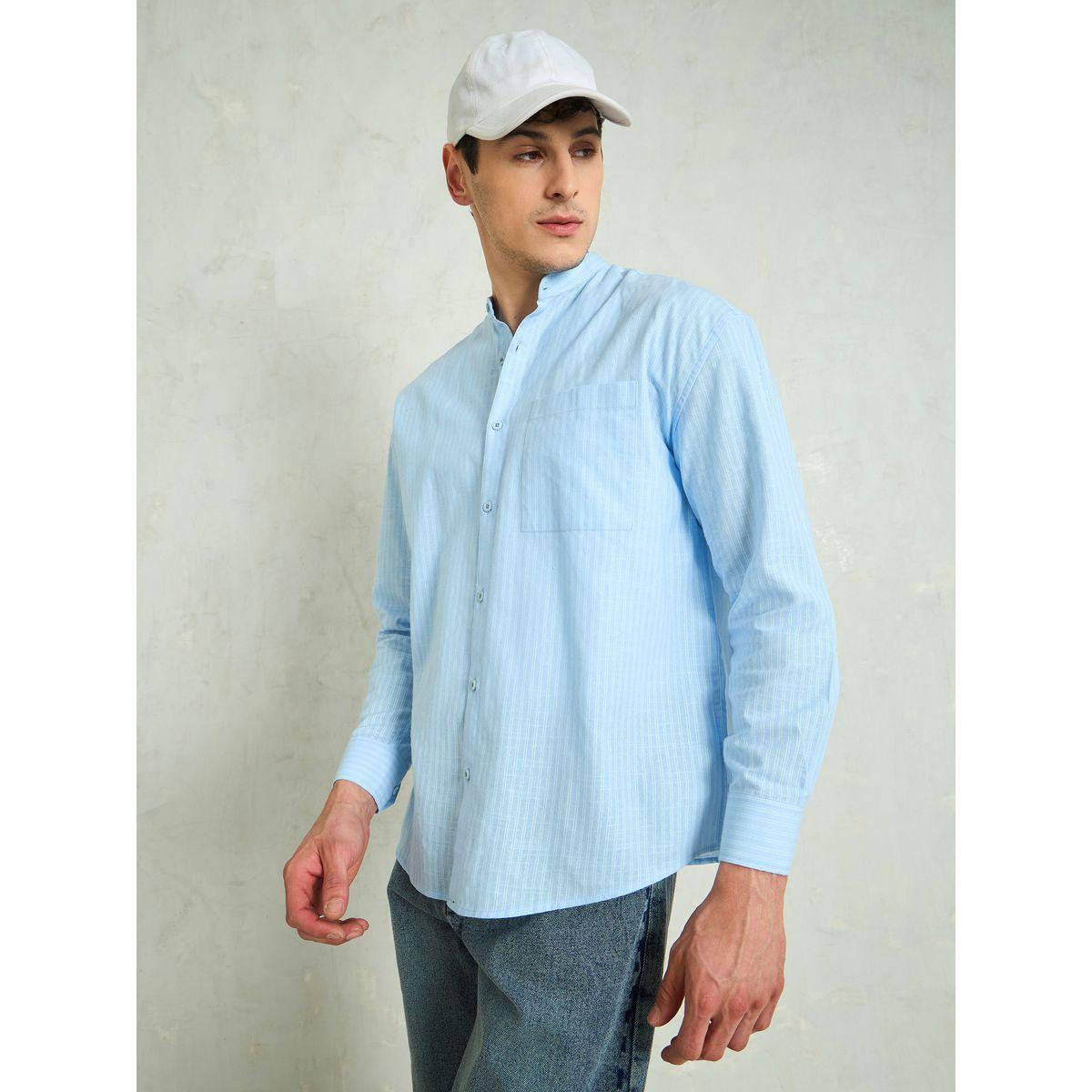 Mascln Sassafras Men Blue Striped Mandarin Collar Relaxed Fit Shirt-men-clothing-shirts-image-3