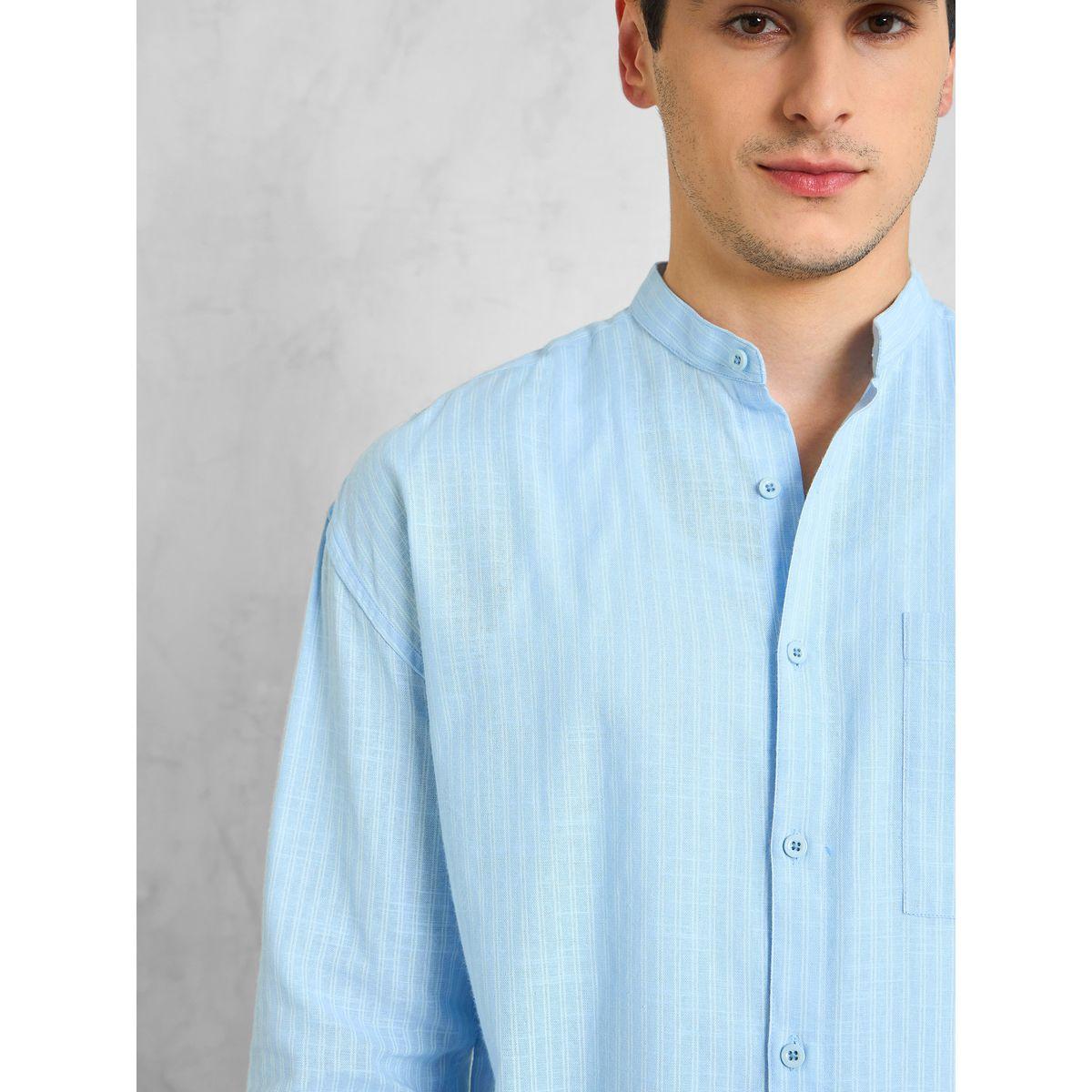 Mascln Sassafras Men Blue Striped Mandarin Collar Relaxed Fit Shirt-men-clothing-shirts-image-4