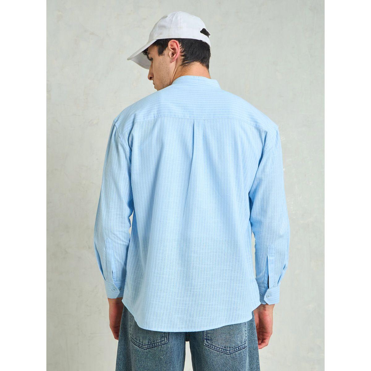 Mascln Sassafras Men Blue Striped Mandarin Collar Relaxed Fit Shirt-men-clothing-shirts-image-5