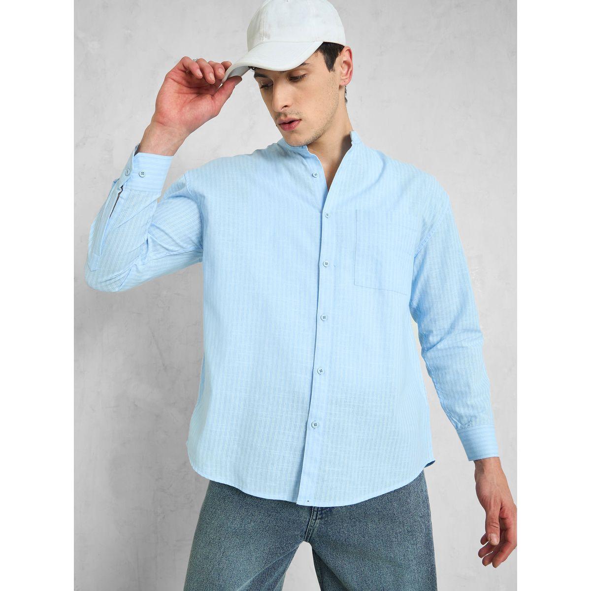 Mascln Sassafras Men Blue Striped Mandarin Collar Relaxed Fit Shirt-men-clothing-shirts-image-6