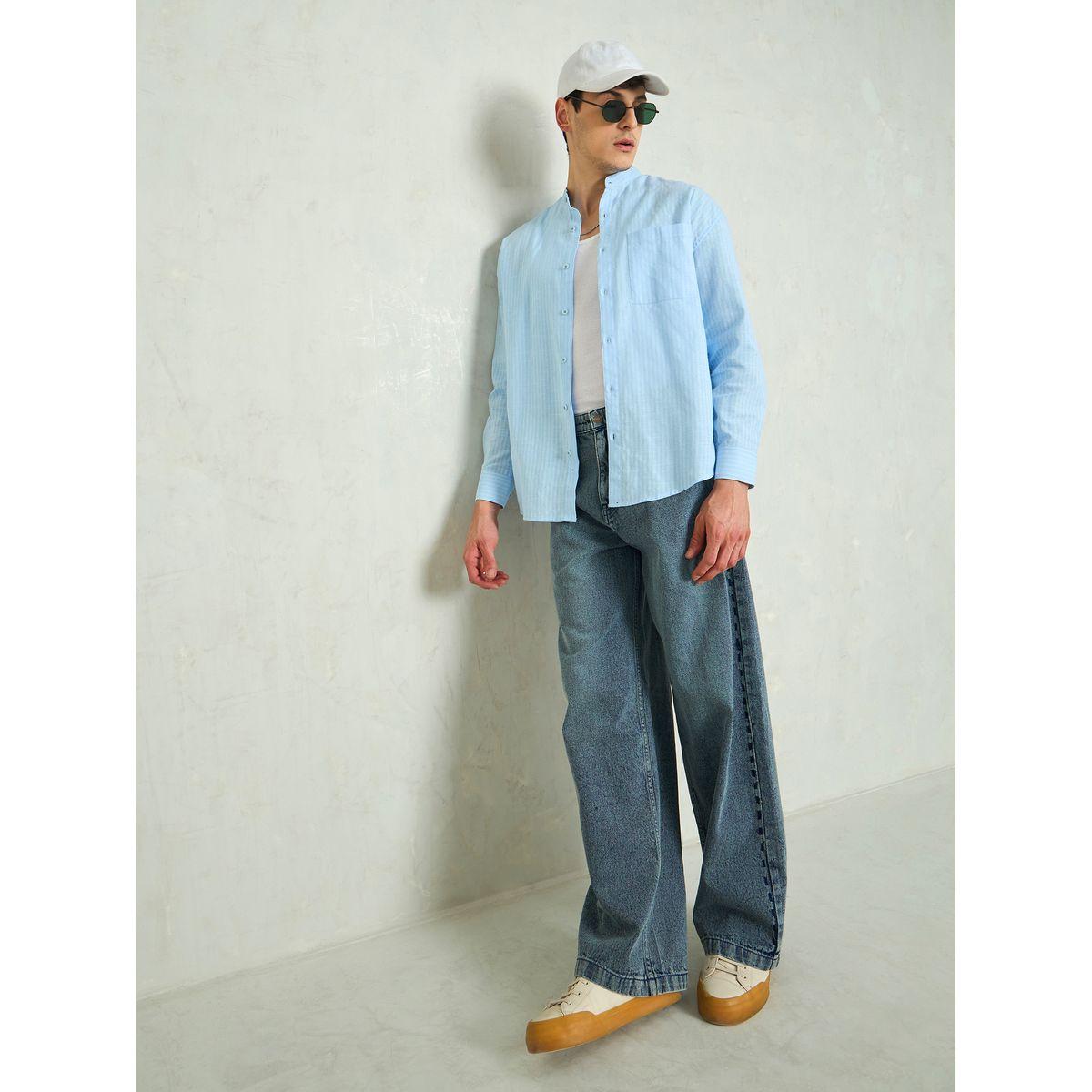 Mascln Sassafras Men Blue Striped Mandarin Collar Relaxed Fit Shirt-men-clothing-shirts-image-7