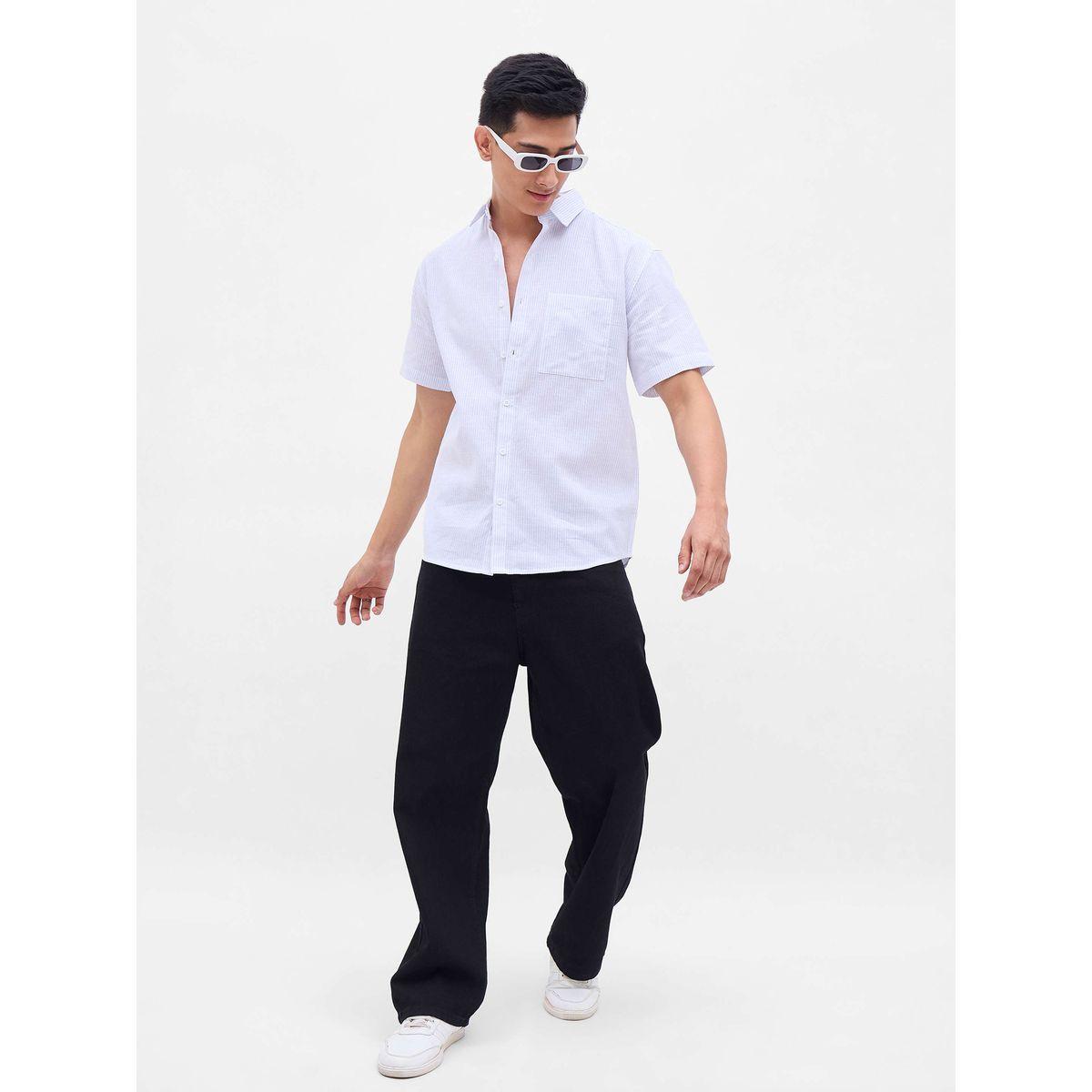 Mascln Sassafras Men White Striped Short Sleeve Relaxed Fit Shirt with Pocket-men-clothing-shirts-image-2