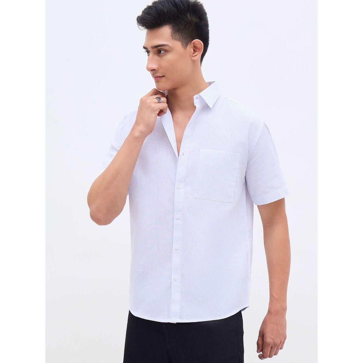 Mascln Sassafras Men White Striped Short Sleeve Relaxed Fit Shirt with Pocket-men-clothing-shirts-image-3