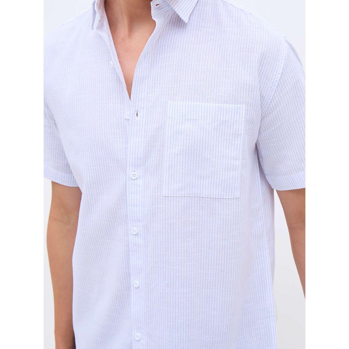 Mascln Sassafras Men White Striped Short Sleeve Relaxed Fit Shirt with Pocket-men-clothing-shirts-image-4