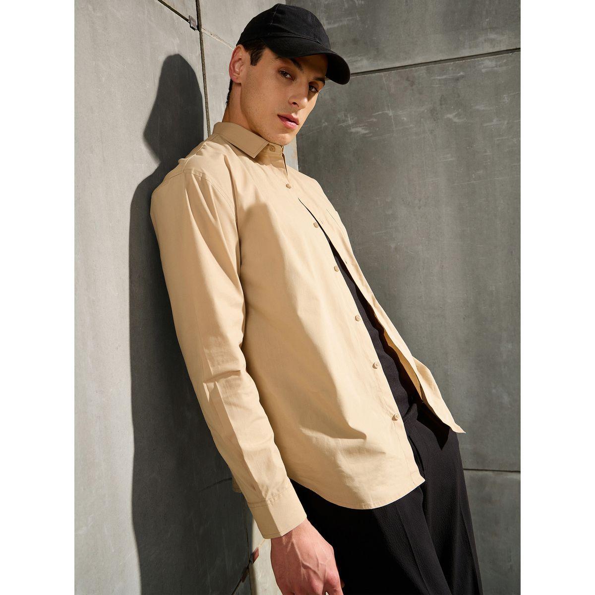 Mascln Sassafras Men Beige Solid Long Sleeve Relaxed Fit Shirt with Pocket-men-clothing-shirts-image-1