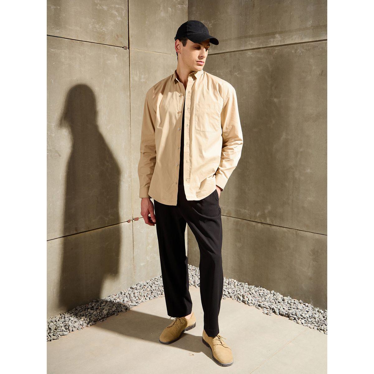 Mascln Sassafras Men Beige Solid Long Sleeve Relaxed Fit Shirt with Pocket-men-clothing-shirts-image-2