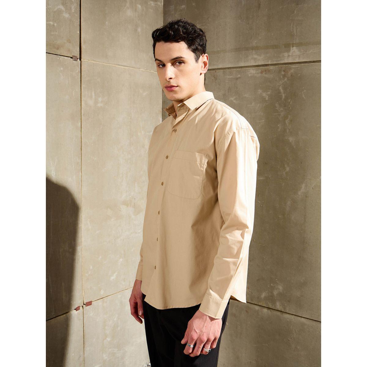 Mascln Sassafras Men Beige Solid Long Sleeve Relaxed Fit Shirt with Pocket-men-clothing-shirts-image-3