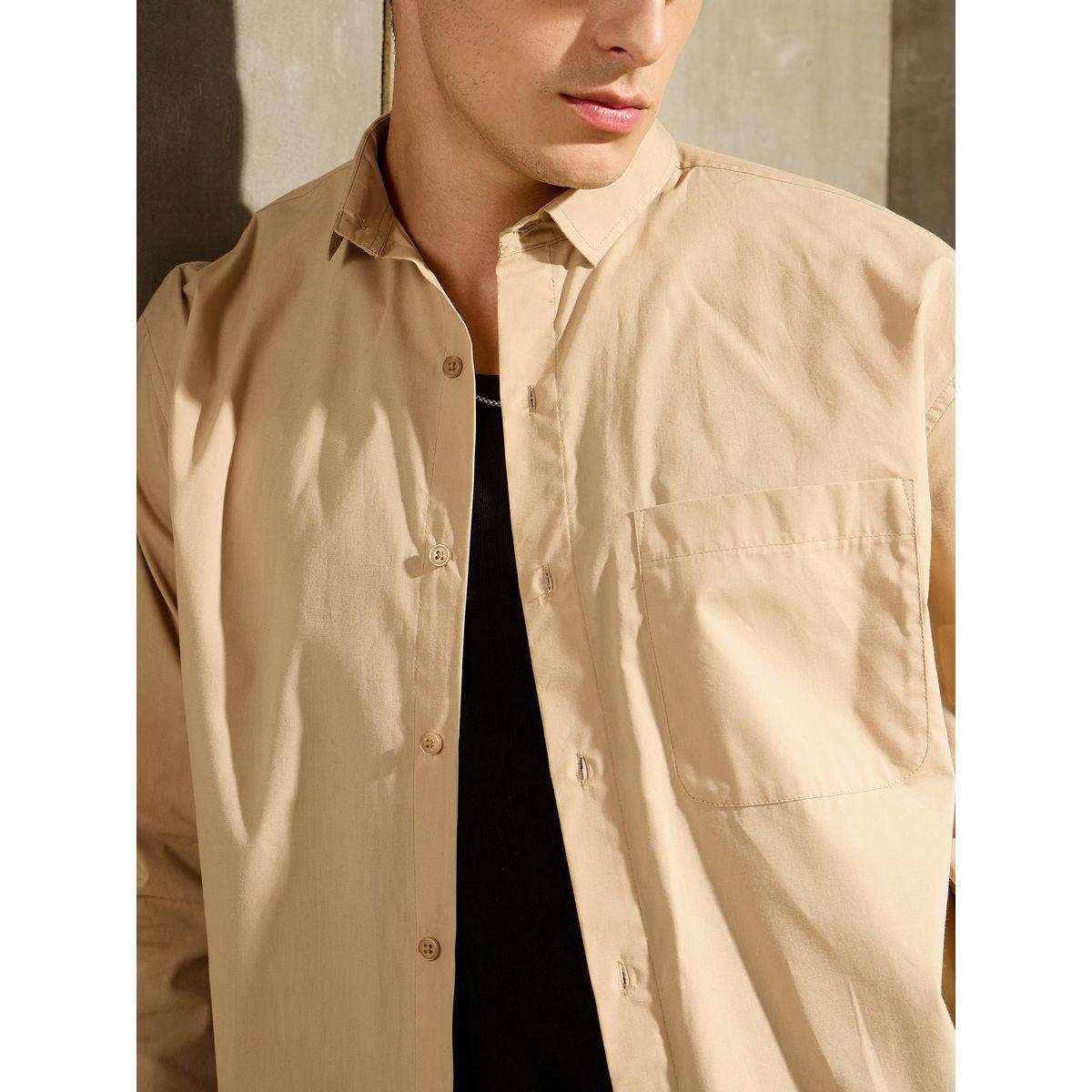 Mascln Sassafras Men Beige Solid Long Sleeve Relaxed Fit Shirt with Pocket-men-clothing-shirts-image-4
