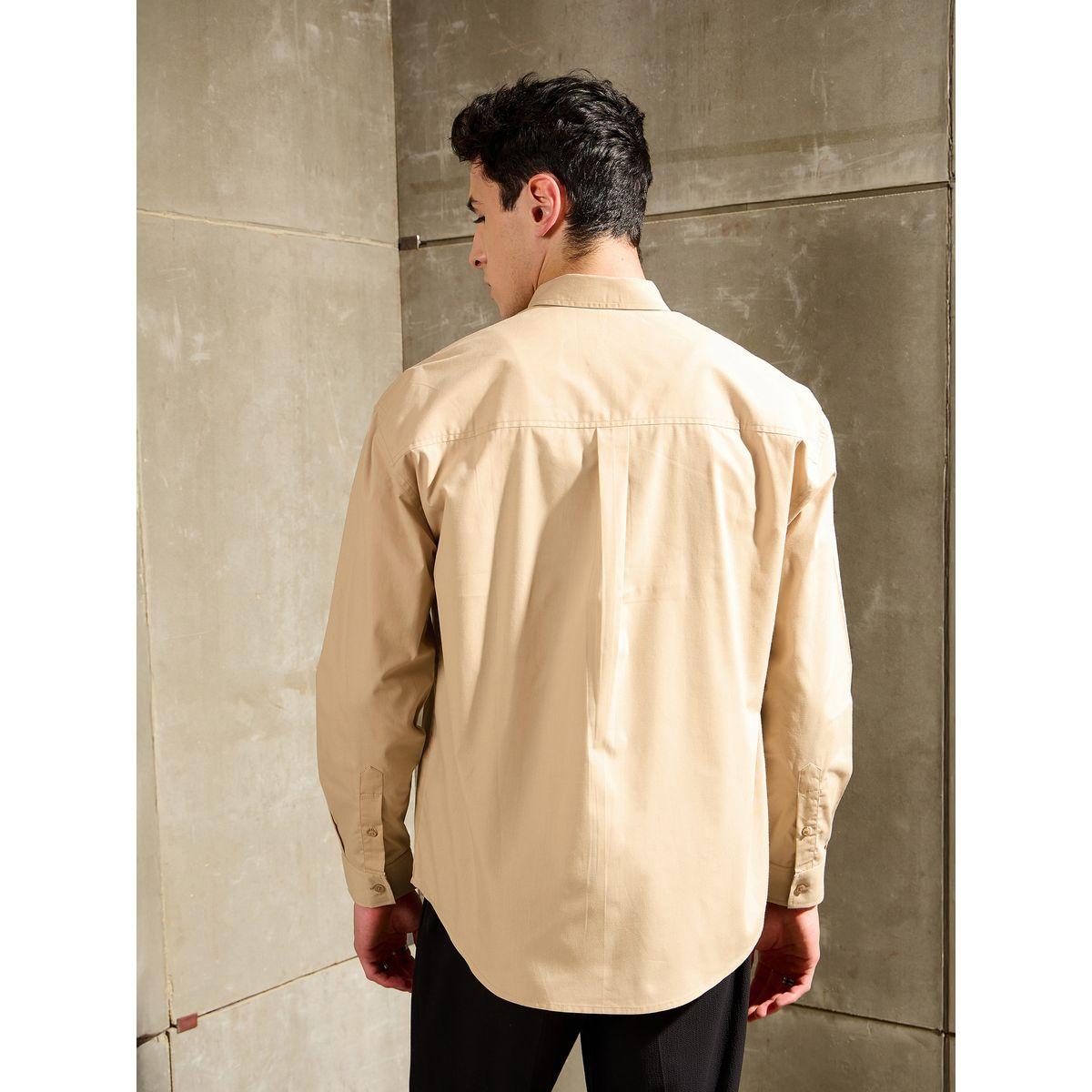 Mascln Sassafras Men Beige Solid Long Sleeve Relaxed Fit Shirt with Pocket-men-clothing-shirts-image-5