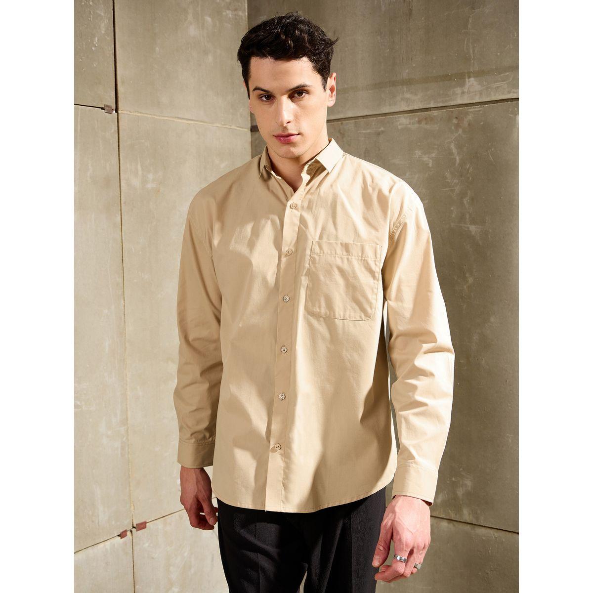 Mascln Sassafras Men Beige Solid Long Sleeve Relaxed Fit Shirt with Pocket-men-clothing-shirts-image-6