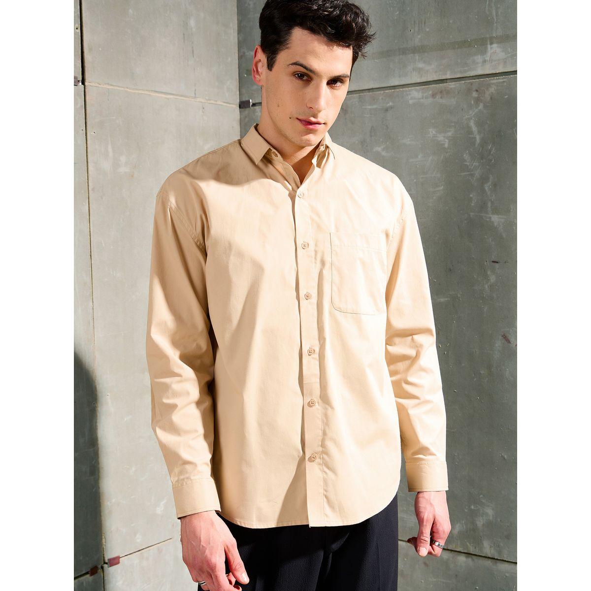 Mascln Sassafras Men Beige Solid Long Sleeve Relaxed Fit Shirt with Pocket-men-clothing-shirts-image-7