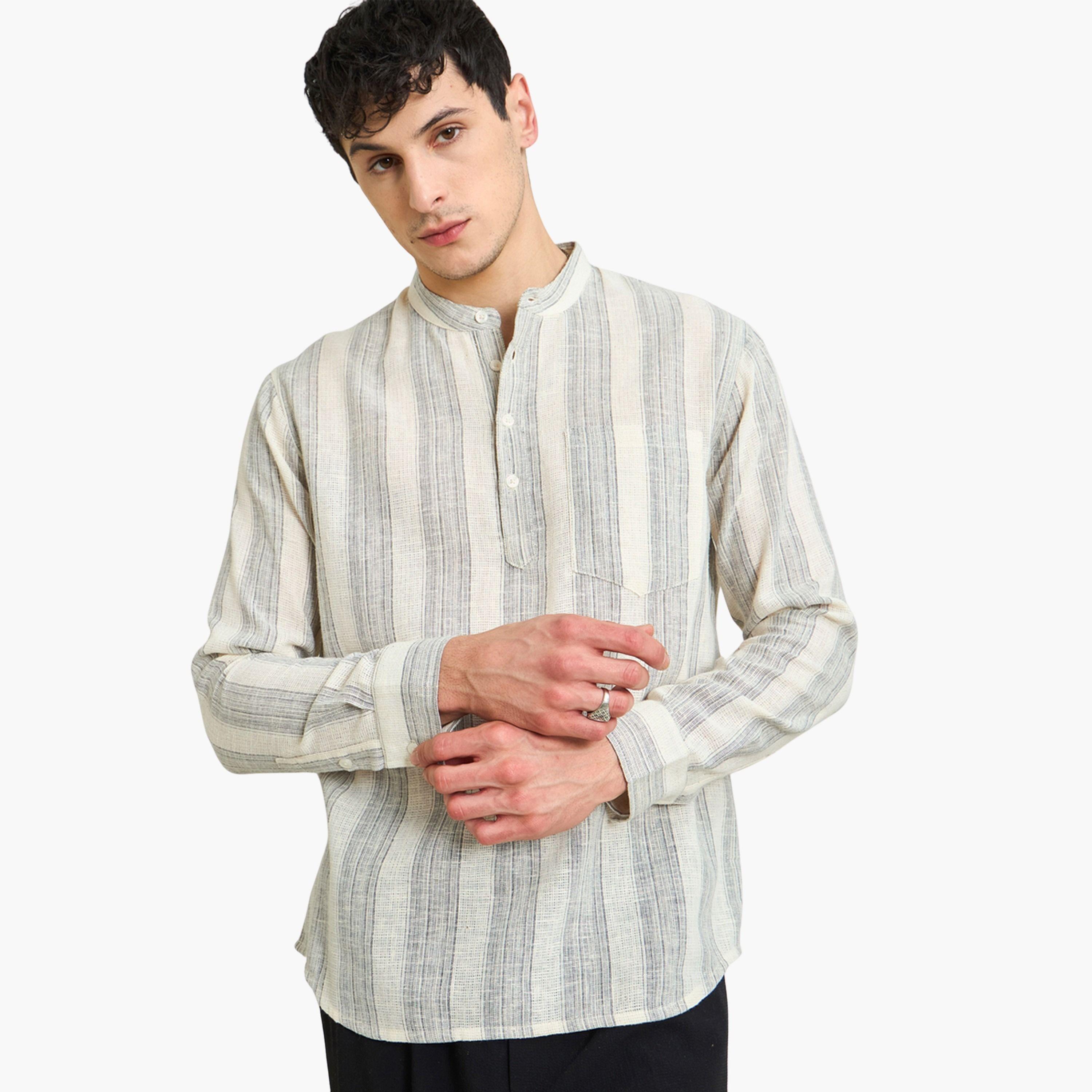 Sassafras Beige Striped Relaxed Fit Kurta Shirt-men-clothing-shirts-image-1