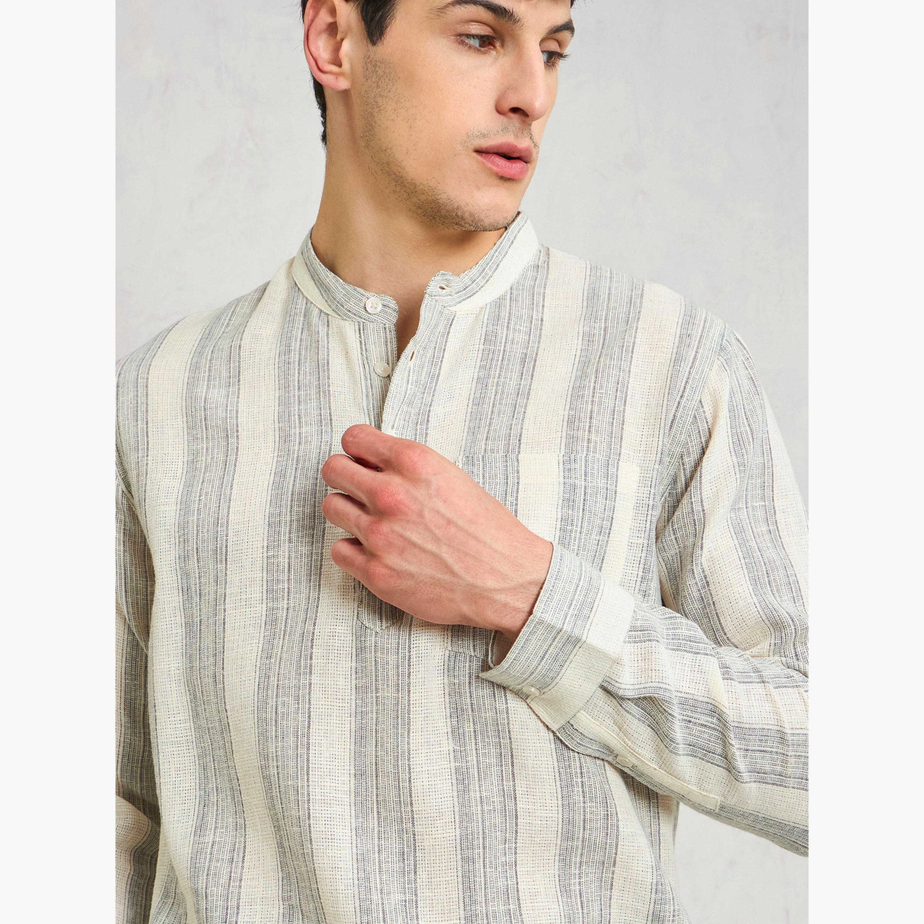 Sassafras Beige Striped Relaxed Fit Kurta Shirt-men-clothing-shirts-image-2