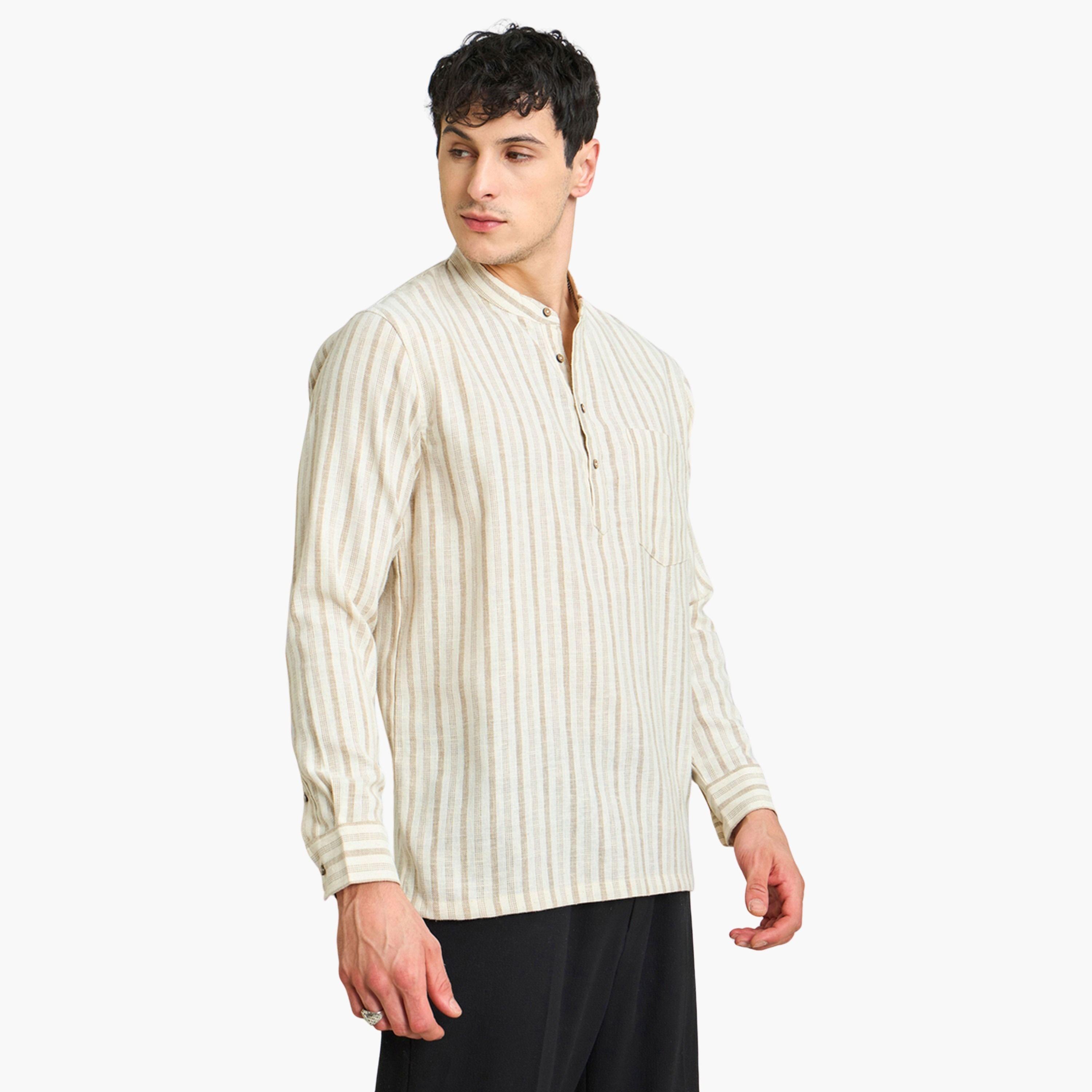 ساسافراس - قميص كورتا مخطط لون بيج بقصّة مريحة-men-clothing-shirts-image-1