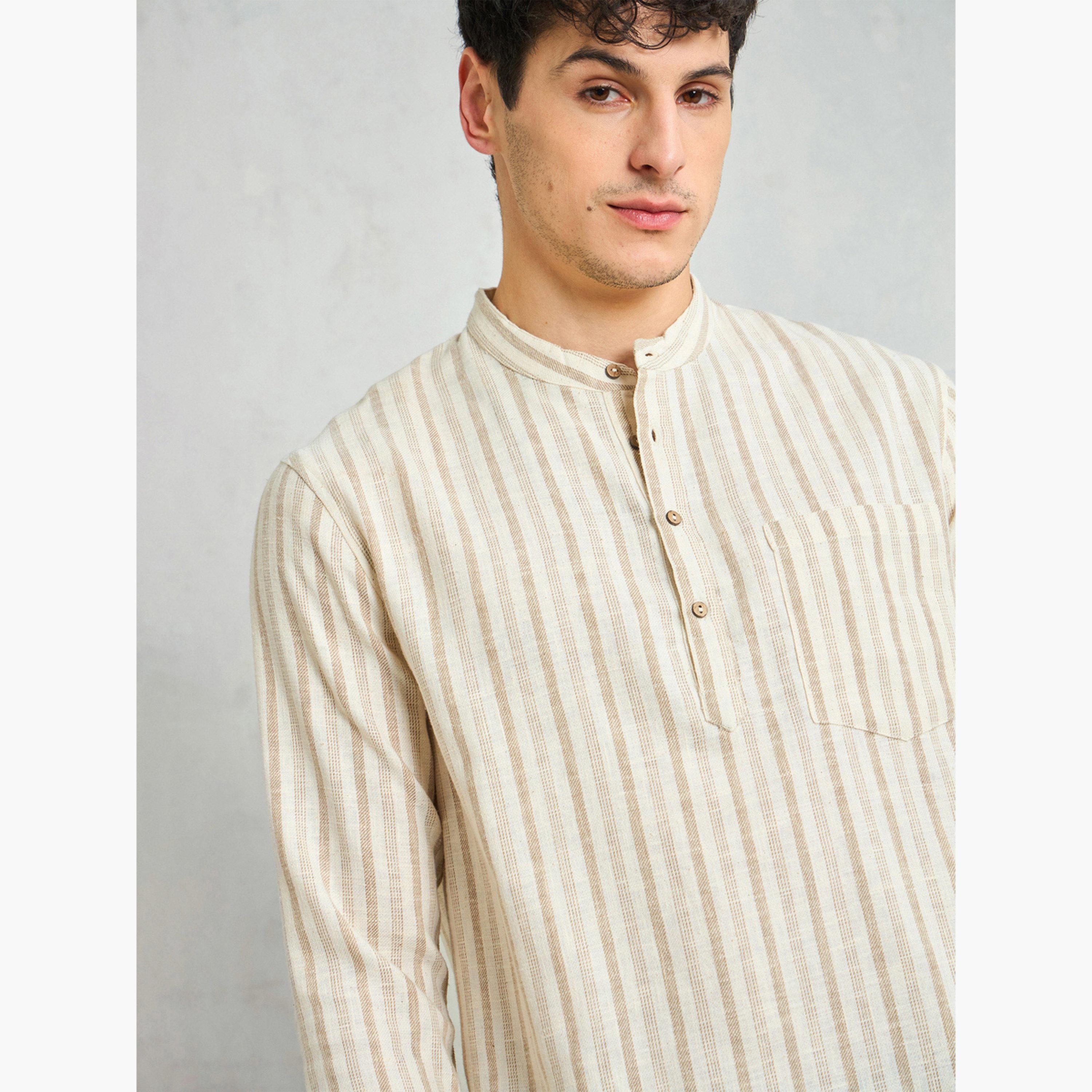 Sassafras Beige Striped Relaxed Fit Kurta Shirt-men-clothing-shirts-image-2