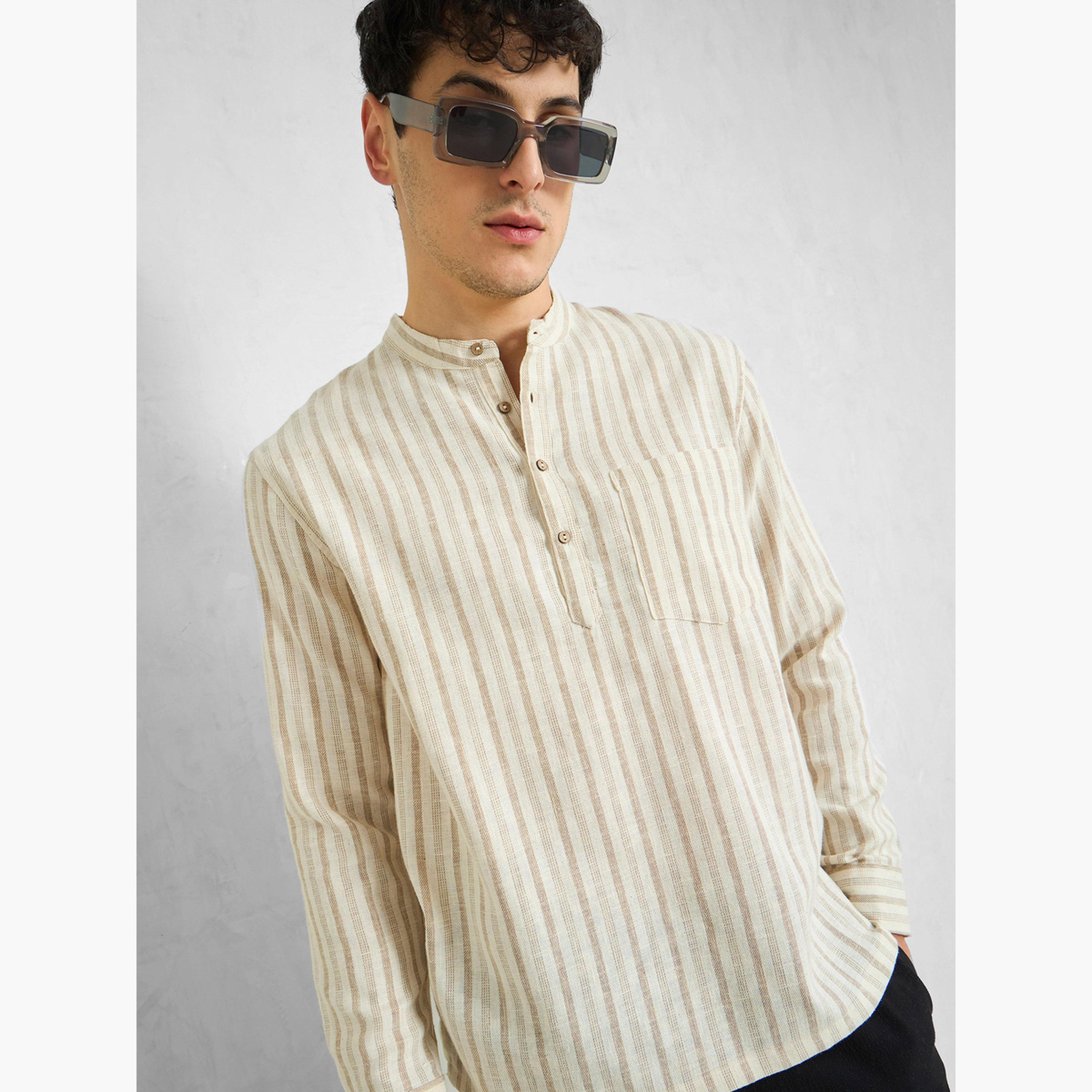 Sassafras Beige Striped Relaxed Fit Kurta Shirt-men-clothing-shirts-image-3