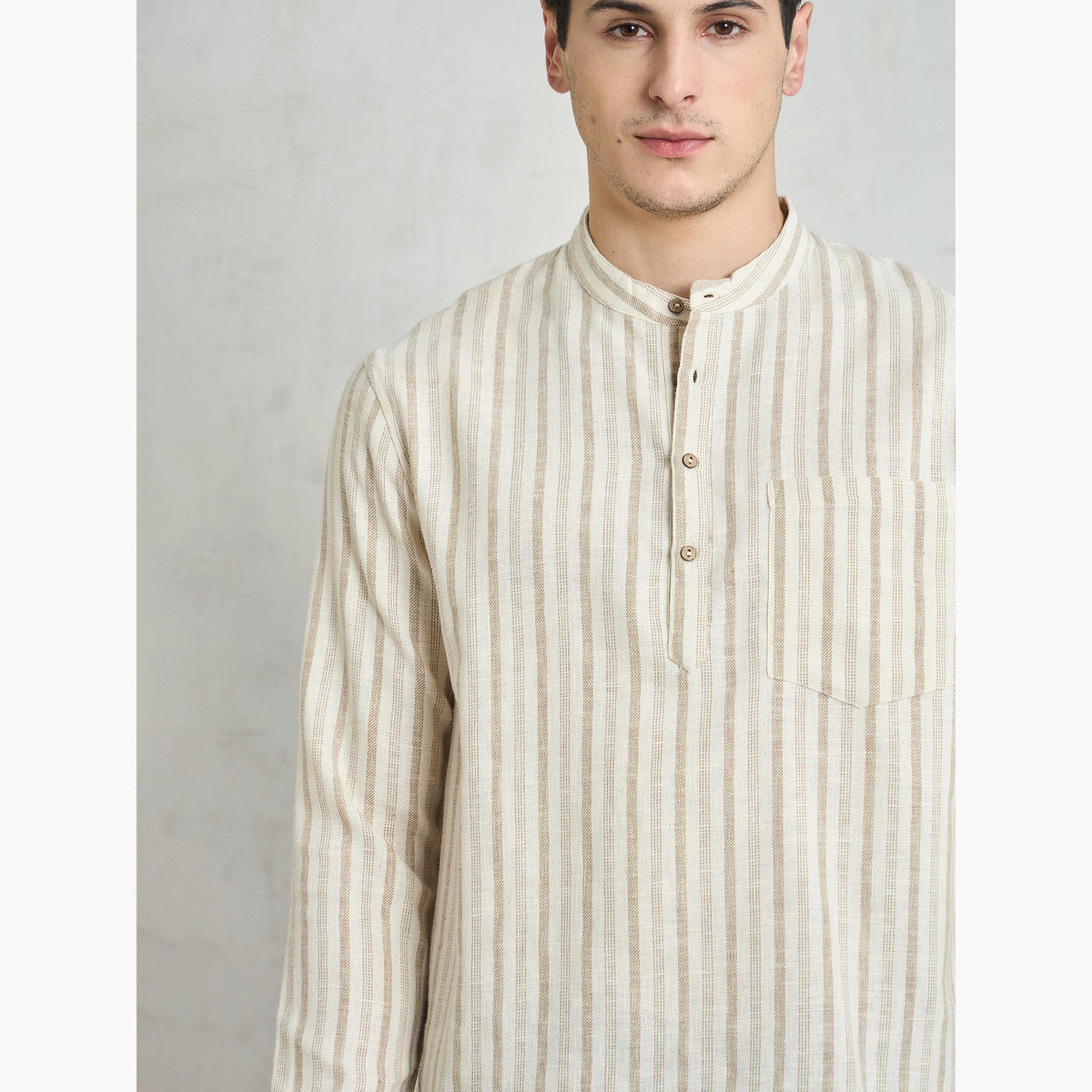 Sassafras Beige Striped Relaxed Fit Kurta Shirt-men-clothing-shirts-image-4