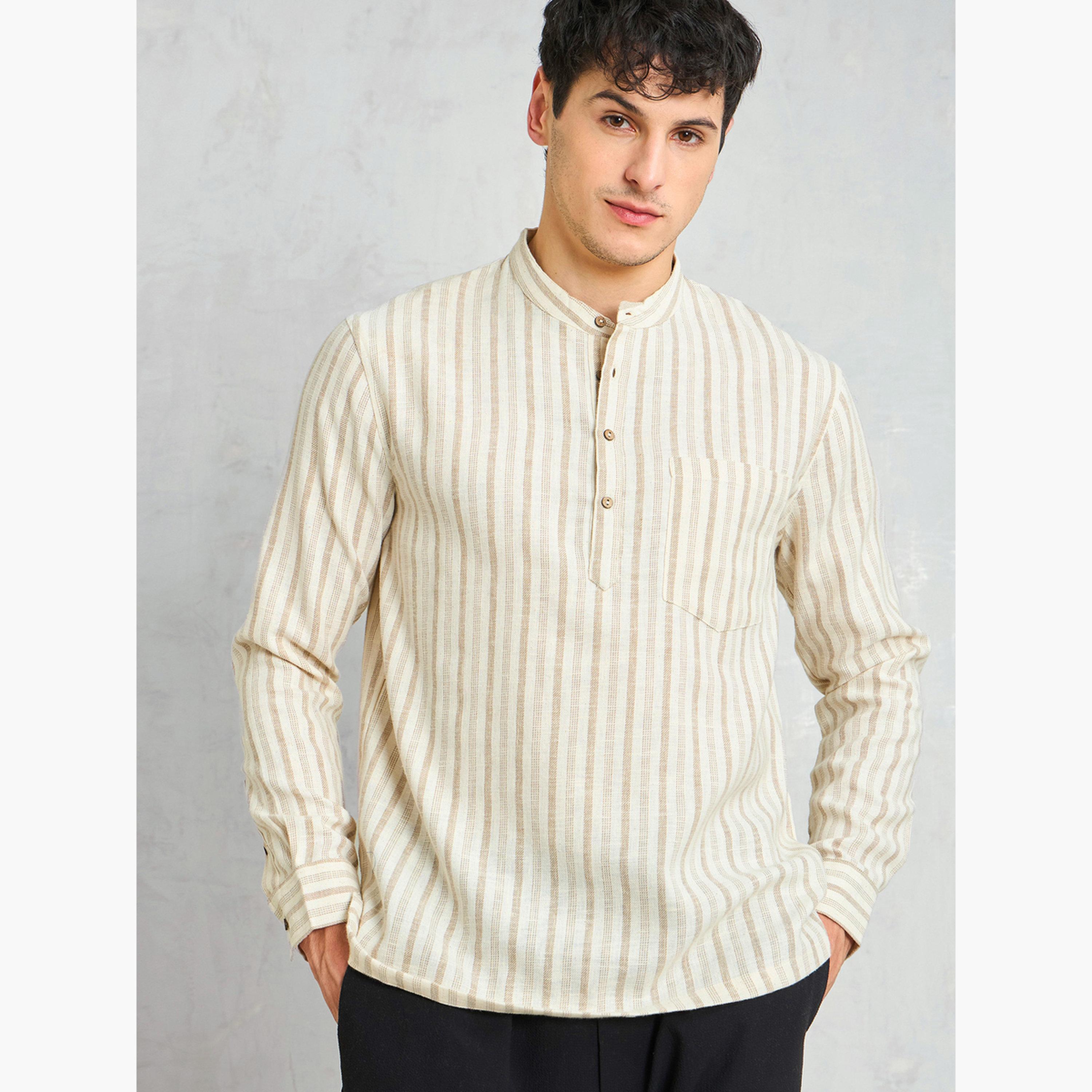 ساسافراس - قميص كورتا مخطط لون بيج بقصّة مريحة-men-clothing-shirts-image-6