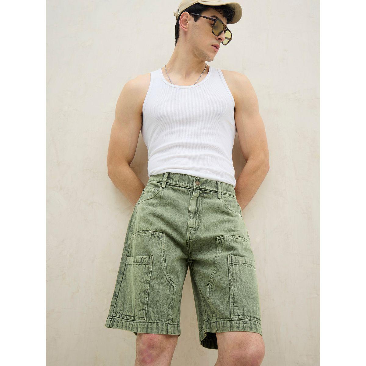 Mascln Sassafras Men Green Washed Denim Relaxed Fit Carpenter Shorts-men-clothing-bottoms-shorts-image-1