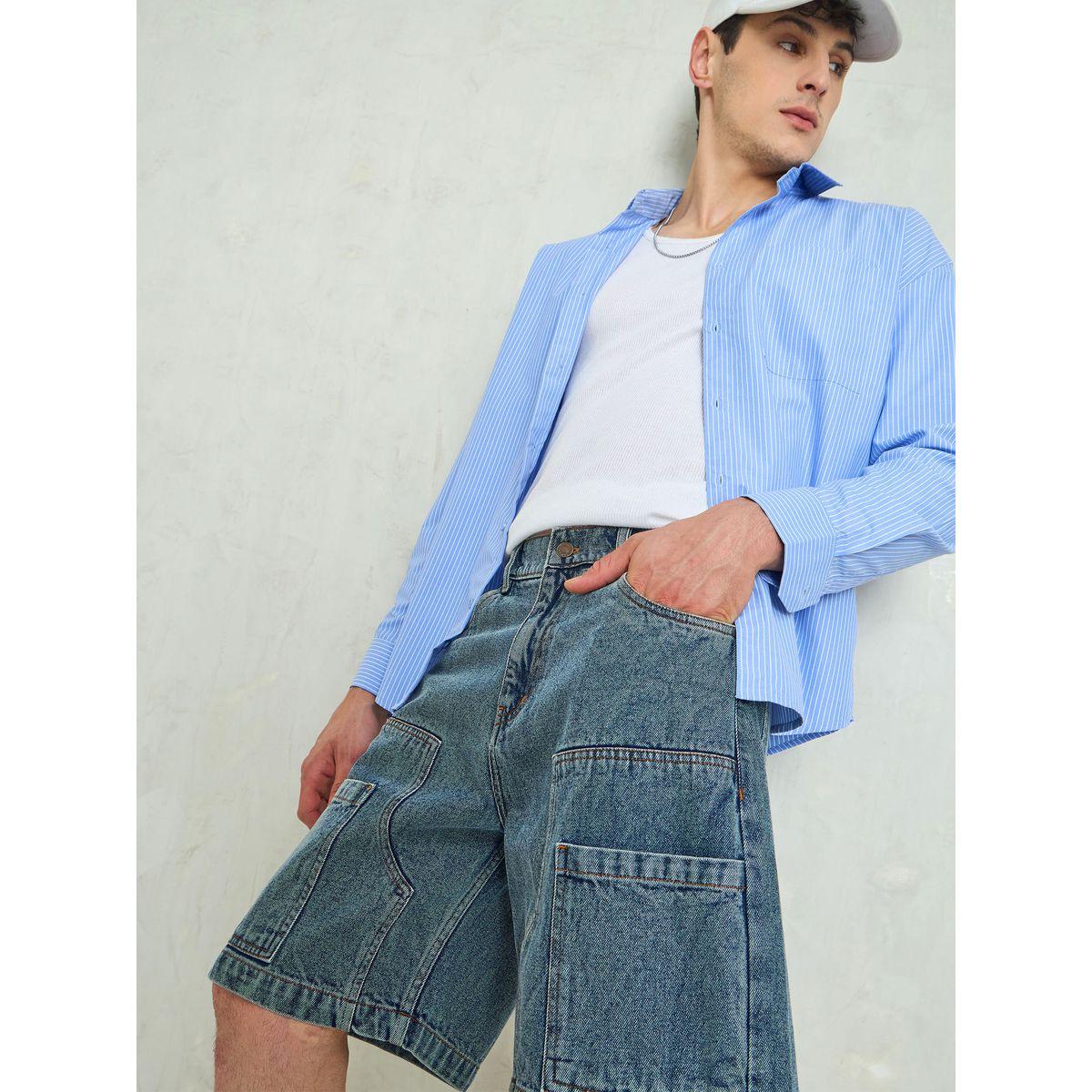شورت دنيم بقصة مريحة وتفاصيل مشطوفة-men-clothing-bottoms-shorts-image-2