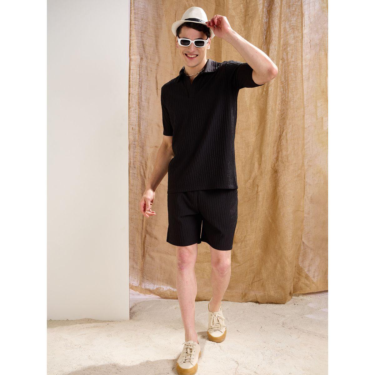 Mascln Sassafras Men Black Textured Relaxed Fit Shorts with Drawstring Waist-men-clothing-bottoms-shorts-image-2