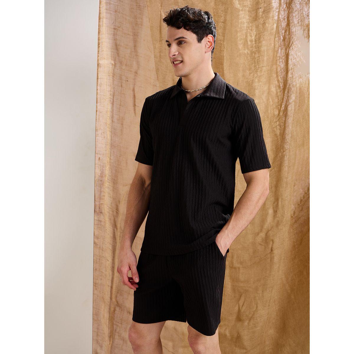 Mascln Sassafras Men Black Textured Relaxed Fit Shorts with Drawstring Waist-men-clothing-bottoms-shorts-image-3